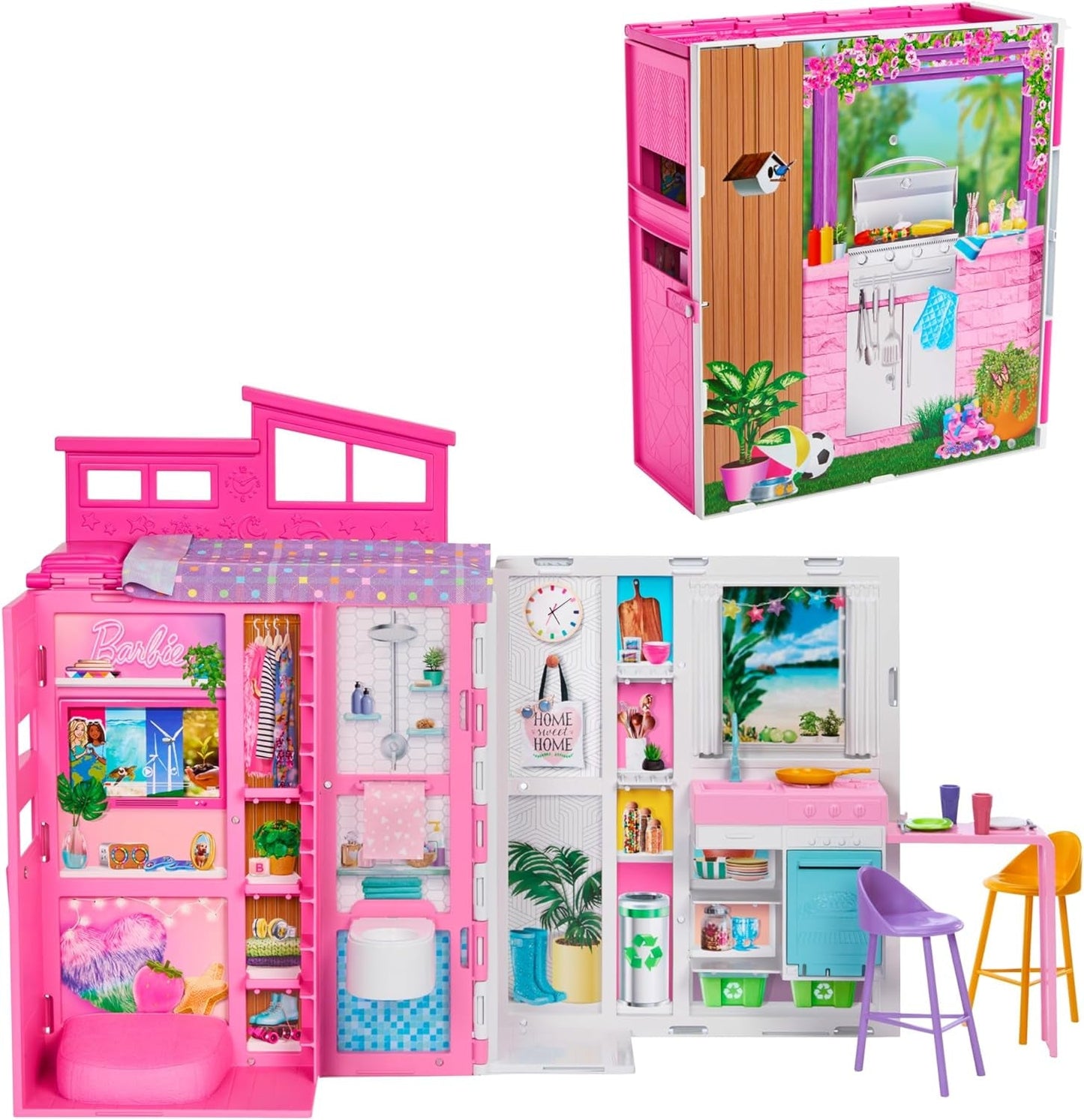 Barbie-Puppenhaus Spielset, Ferienhaus mit 4 Spielbereichen, darunter Küche, Badezimmer, Schlafzimmer und Lounge, 11 Deko-Zubehörteile, HRJ76