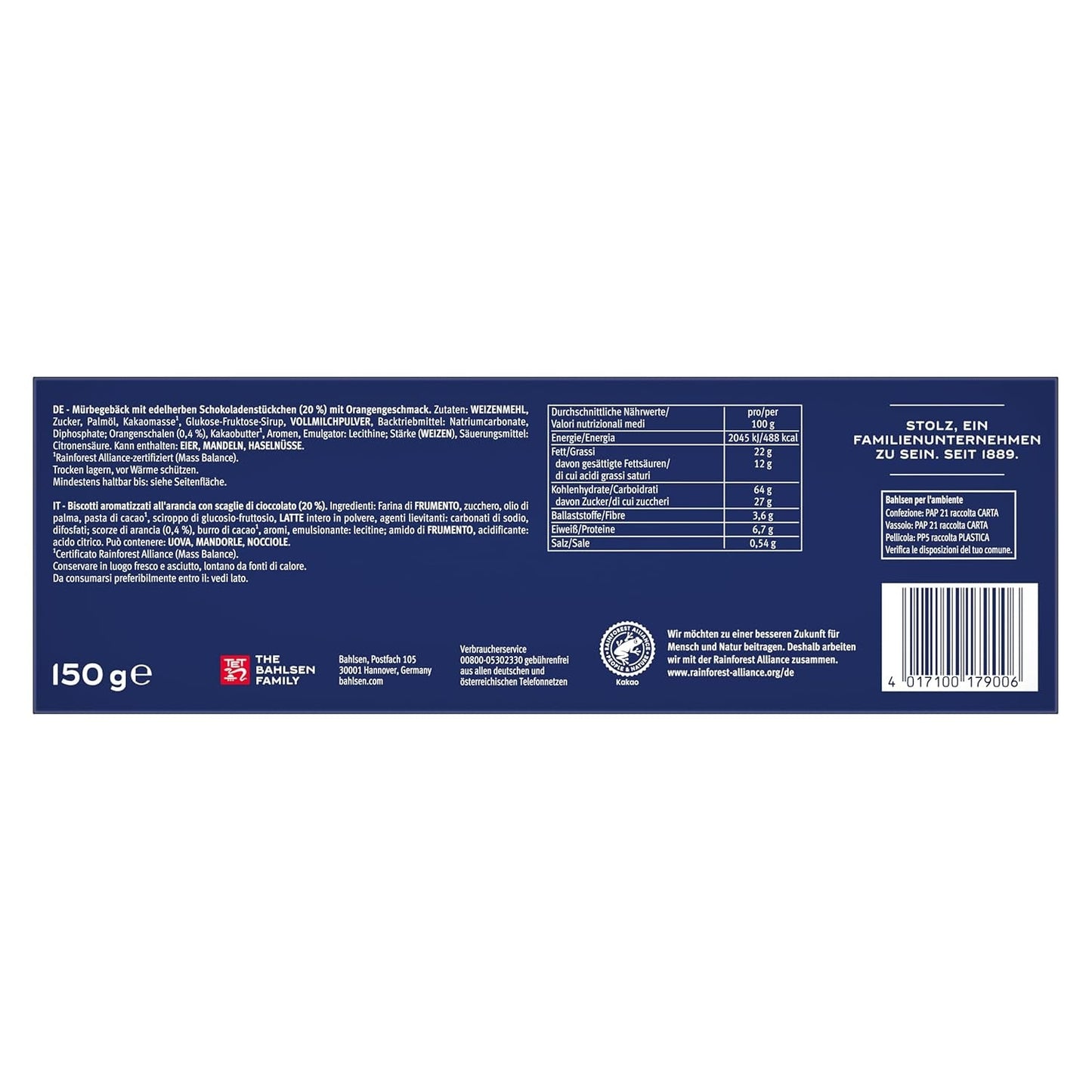 Bahlsen Chokini - 1 Pachet - Aluat Fragil cu Bucăți de Ciocolată și Aromă de Portocală (1 x 150 g)