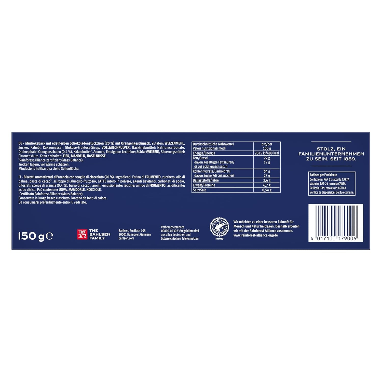 Bahlsen Chokini - 1 Pachet - Aluat Fragil cu Bucăți de Ciocolată și Aromă de Portocală (1 x 150 g)