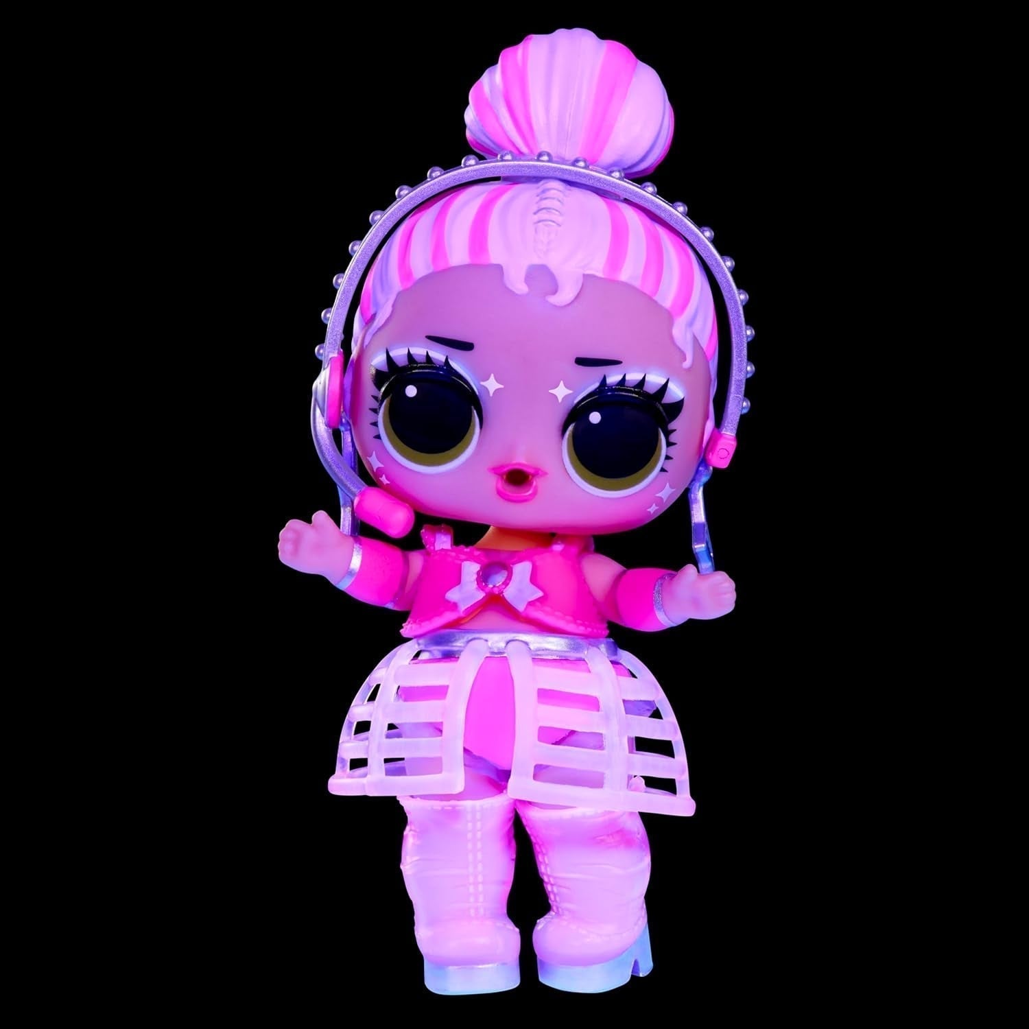 L.O.L. Surprise! Neon Pop Stars Tots - 1 păpușă cu surprize magice cu lumină neagră, ambalaj orb, 7 păpuși de colecționat, fiecare cu autocolante neon și accesorii, cadou pentru copii 4+ Papusi Naty Shop