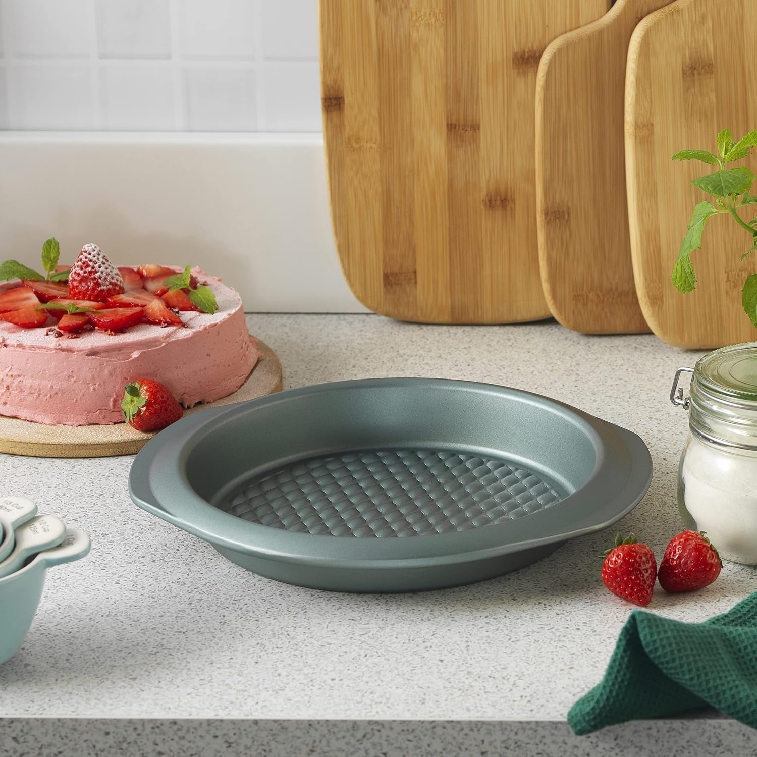 Progress BW09819G2EU7 Shimmer Kollektion, Runde Backform Aus Kohlenstoffstahl Mit Antihaftbeschichtung, Ideal Für Pies, Kuchen, Torten Und Quiches, 28 Cm, Grün Matrite si tavi pentru copt Naty Shop