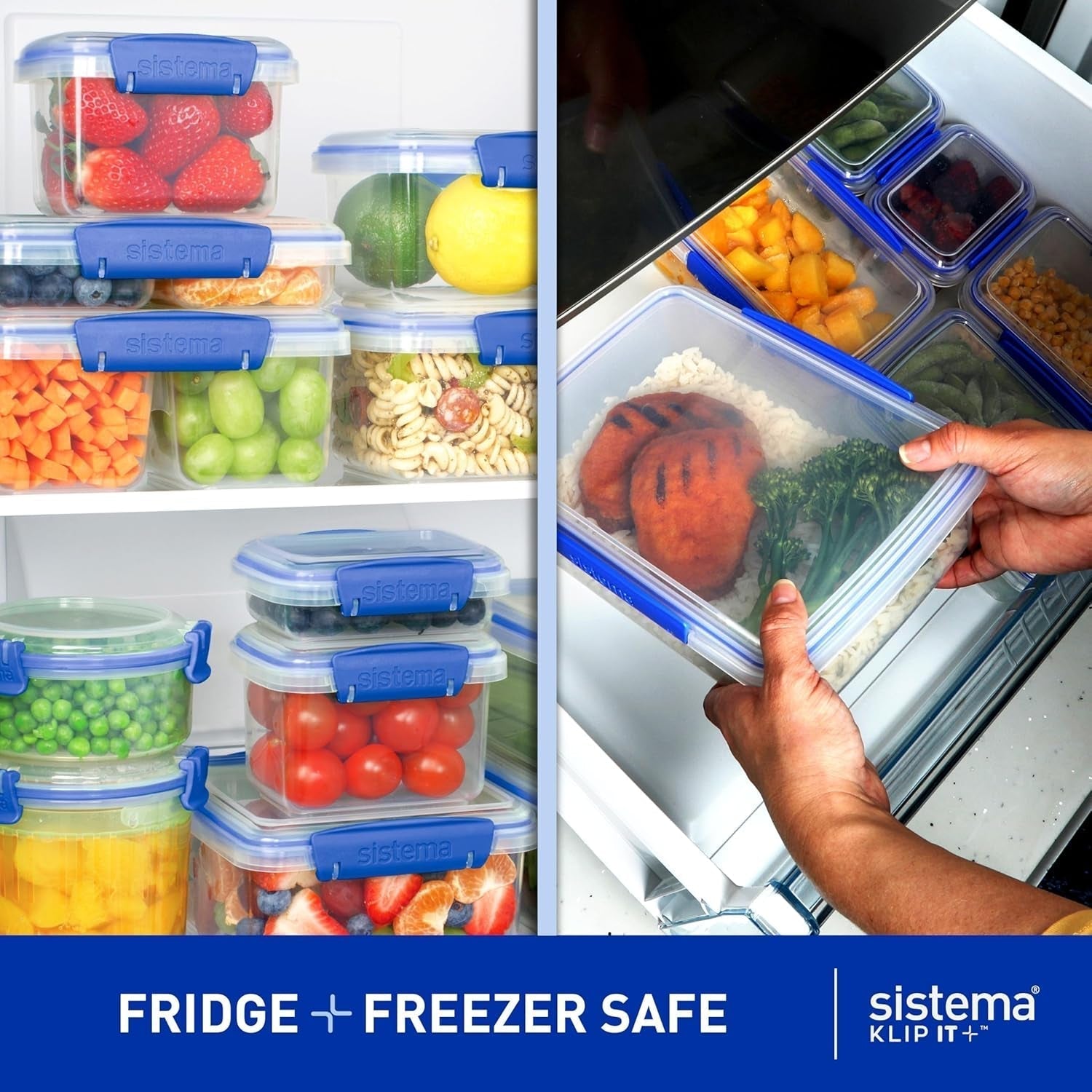 Borcan pentru depozitarea alimentelor Sistema KLIP IT | 9,67 l | borcan de depozitare stivuibil și etanș cu capac, potrivit pentru frigider/congelator | plastic fără BPA | clipsuri albastre | 1 bucată (pachet de 4) Cutii depozitare alimente Naty Shop