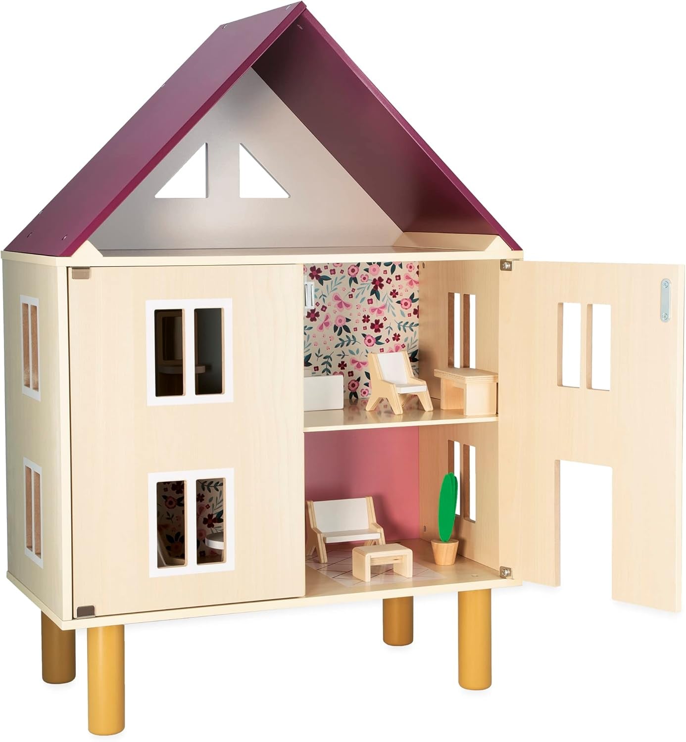 Janod - Casa de păpuși din lemn Mademoiselle, 3 etaje și cu 11 accesorii, replică de jucărie, dezvoltă imaginația, de la 3 ani, J06581, roz Casute de papusi Naty Shop Răsucire