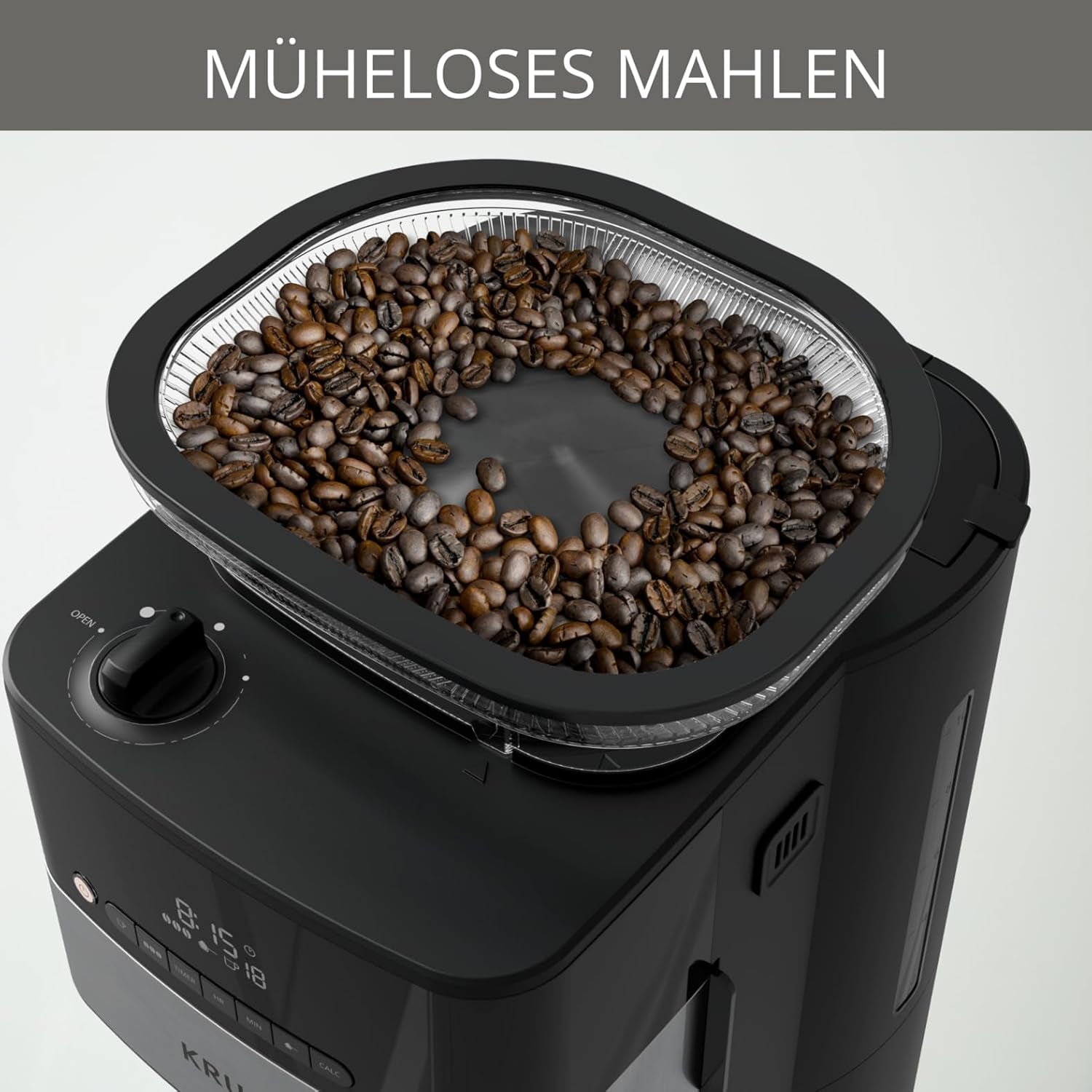 Espressor Krups KM8328 Grind cu râșniță | Cronometru 24 de ore | Recipient boabe 180 g | Capacitate 1,25 l pentru până la 15 cești de cafea | Funcție de oprire automată | 3 setări de măcinare | Negru
