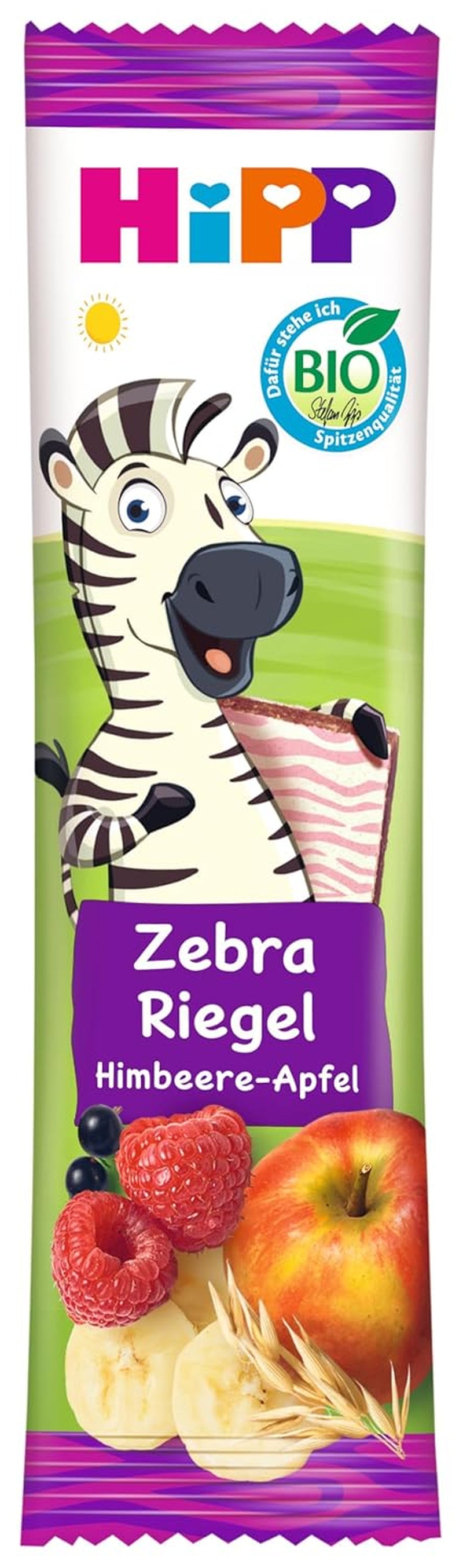 Batoane HiPP Zebra cu aromă de zmeură și banană-măr (22 x 23g), de la 1 an, îndulcite doar cu fructe, de cea mai bună calitate organică