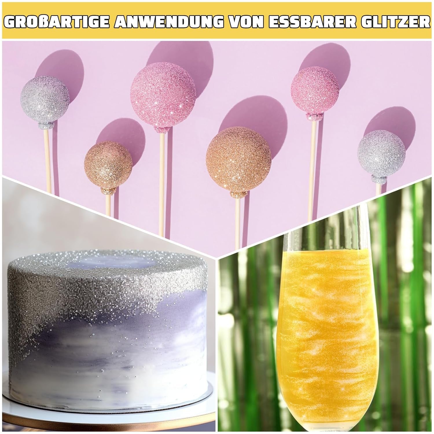 Sclipici comestibil pentru băuturi - Set de colorant alimentar pudră Fidton cu 2 culori, Sclipici comestibil pentru prăjituri, Fondant auriu, Gogoașă, Sclipici comestibil pentru băuturi, Cocktail, Aur și argintiu comestibil - 5 g