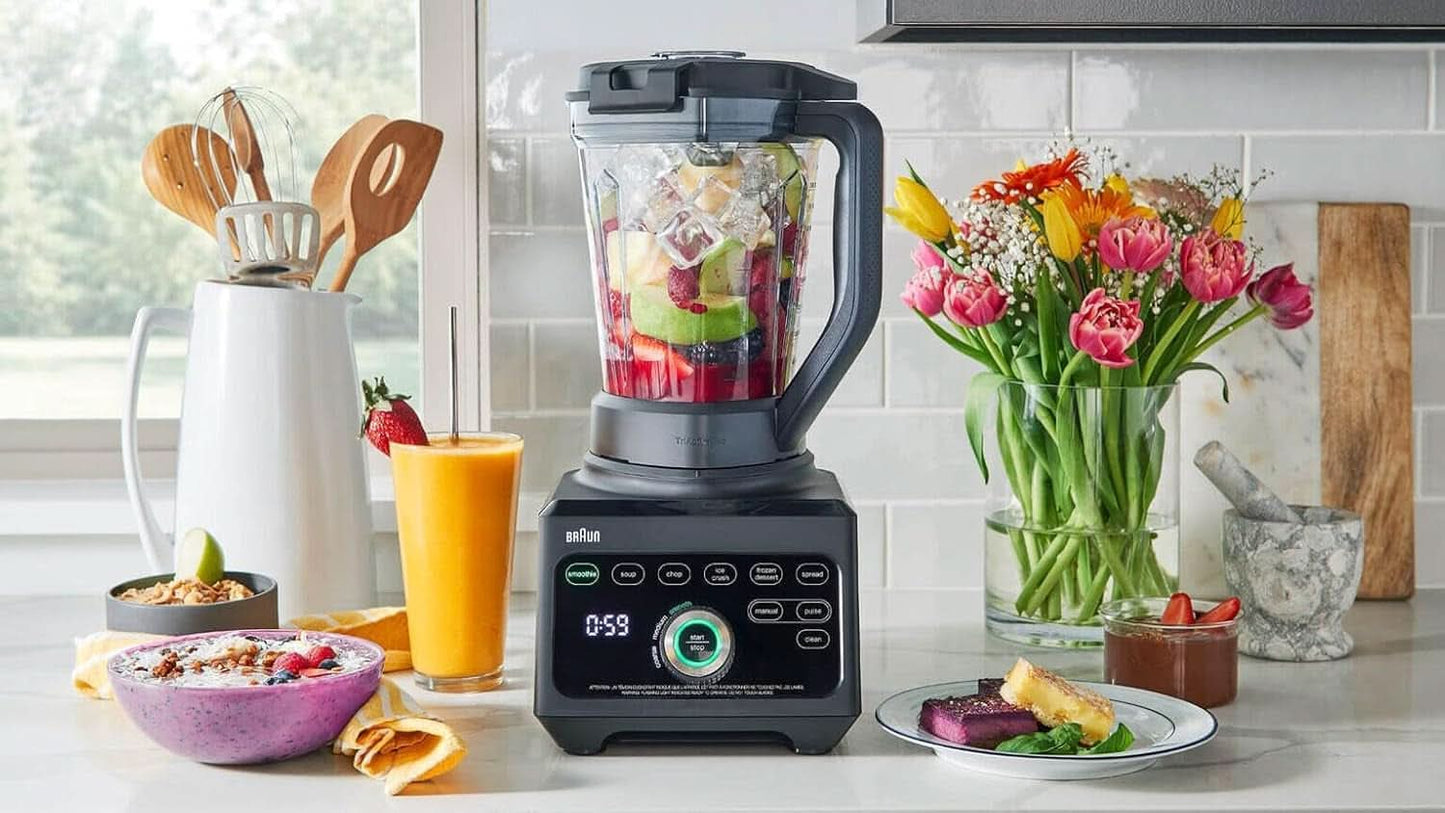 Braun Hochleistungsmixer Powerblend 9 JB9040 – Standmixer Mit Glas-Mixkrug, 18 Mixprogramme, 10 Geschwindigkeiten + Pulsfunktion, Heiße Suppen Funktion, Reinigungsprogramm, Stampfer, 1600 W, Schwarz Bucatarie Naty Shop