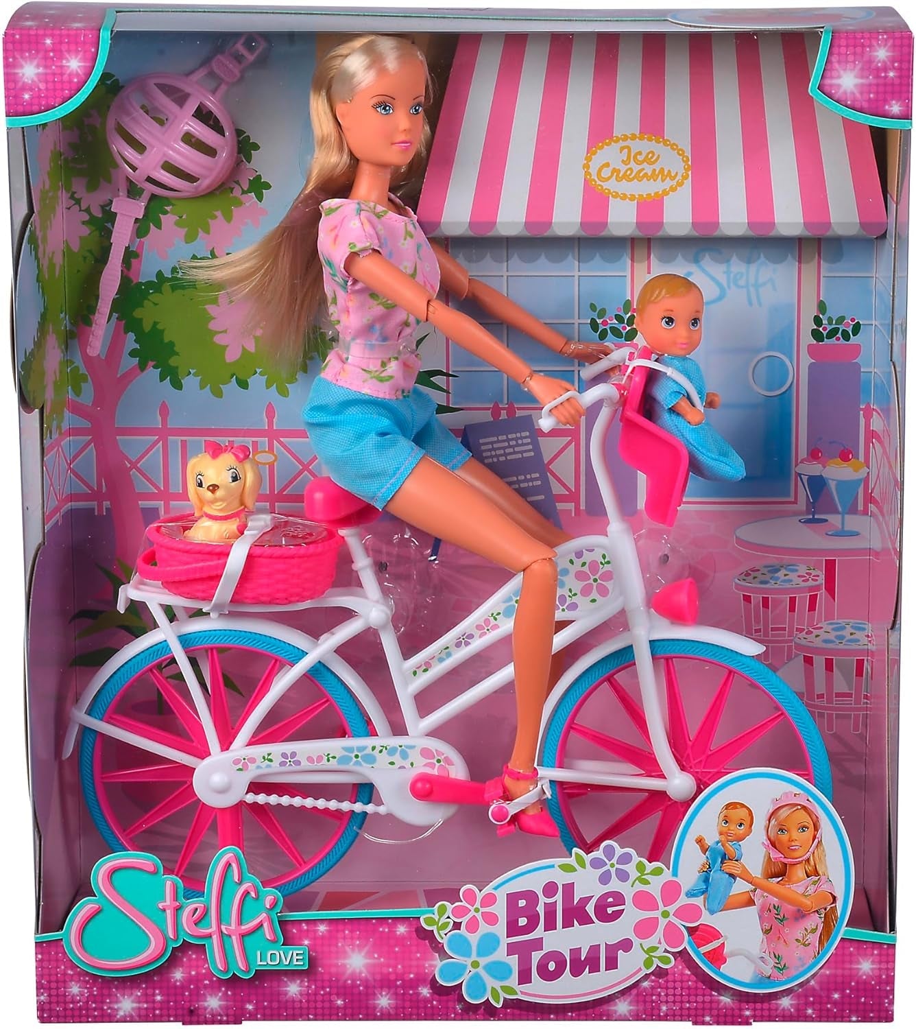Simba 105739050 - Steffi Love Bike Tour, Steffi și Evi în castelul lor cu trei etaje, cu leagăn, mobilier și o mulțime de accesorii, 40 de piese, 102x90x38cm, pentru copii cu vârsta de 3 ani și peste
