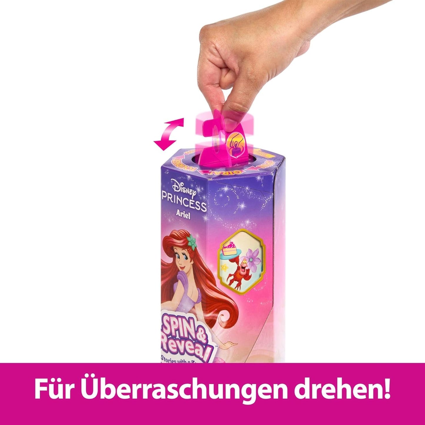 Set de păpușă la modă Mattel Disney Princess Ariel, Spin & Reveal, cu 11 surprize, inclusiv 5 accesorii, 5 stickere și o scenă de joacă, inspirată de filmul HTV88
