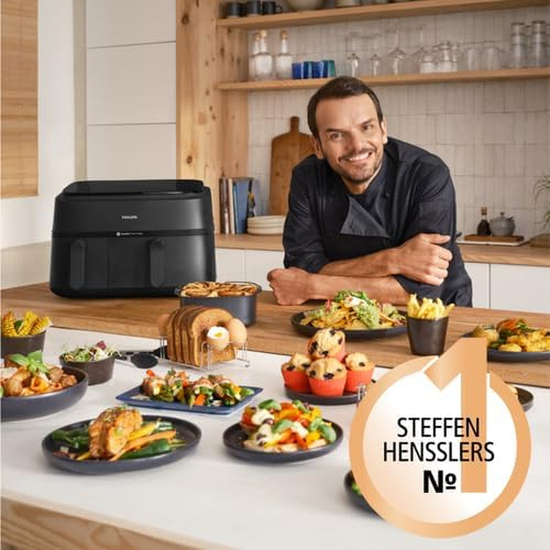 Philips Airfryer Dual Basket 3000 Series, 9L, 2 coșuri, 2 feluri de mâncare gata în același timp, tehnologie Rapidair plus cu aer cald Electrocasnice Naty Shop