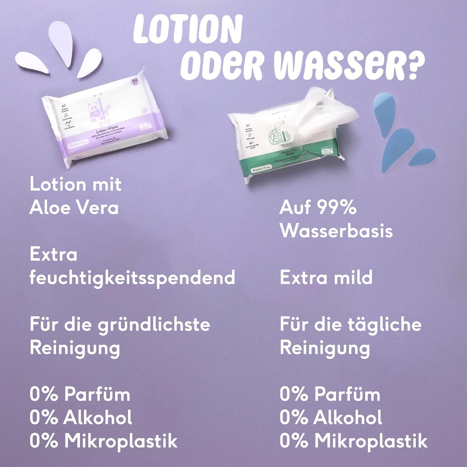 Naïf - Șervețele umede fără plastic - 864 bucăți (16 pachete a câte 54 de șervețele) - Îngrijire pentru fundulețul, corpul și fața bebelușului - 99% apă - 0% parfum și alcool