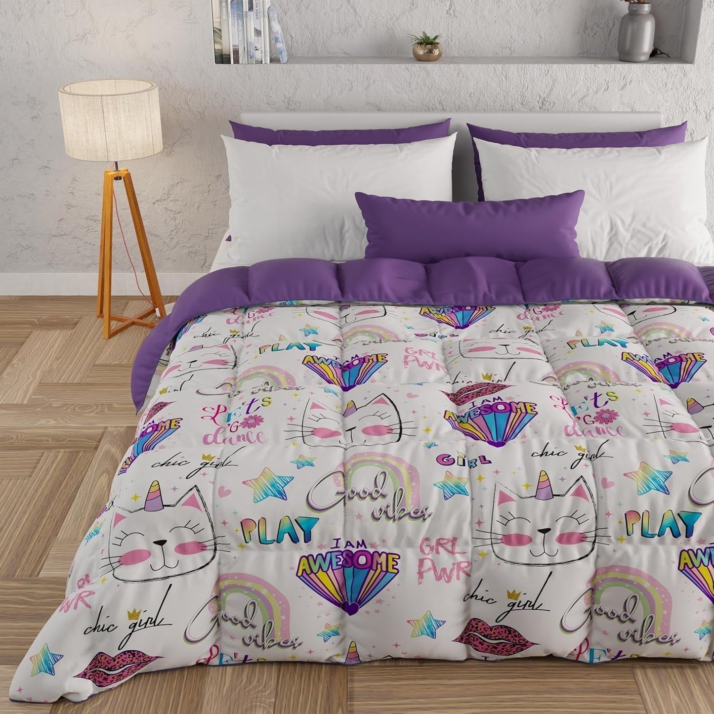 PETTI Artigiani Italiani - Cuvertură de iarnă, Cuvertură de iarnă, Doubleface, Monocolor și imprimare digitală, 100% microfibră hipoalergenică, Made in Italy Plapumi si pilote Naty Shop Pisicuțele fetelor 160 X 190 Cm