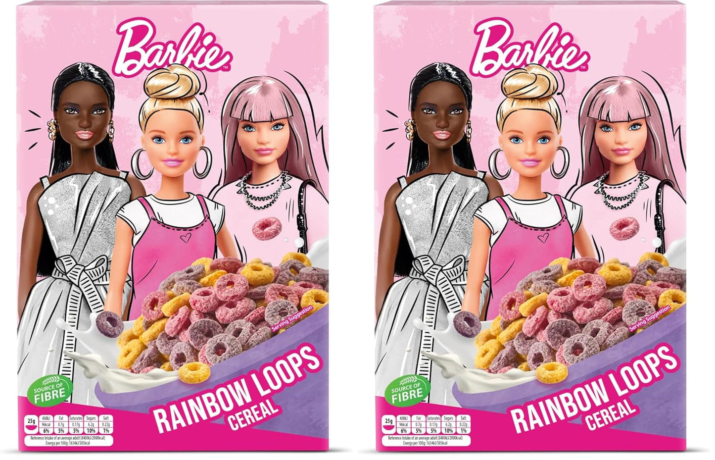 Cereale Barbie Rainbow Loops, inele colorate din grâu, ovăz și porumb cu aromă de fructe pentru micul dejun perfect, 1 pachet (1 x 350g)