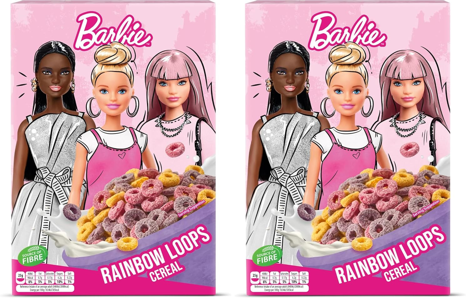 Cereale Barbie Rainbow Loops, inele colorate din grâu, ovăz și porumb cu aromă de fructe pentru micul dejun perfect, 1 pachet (1 x 350g)