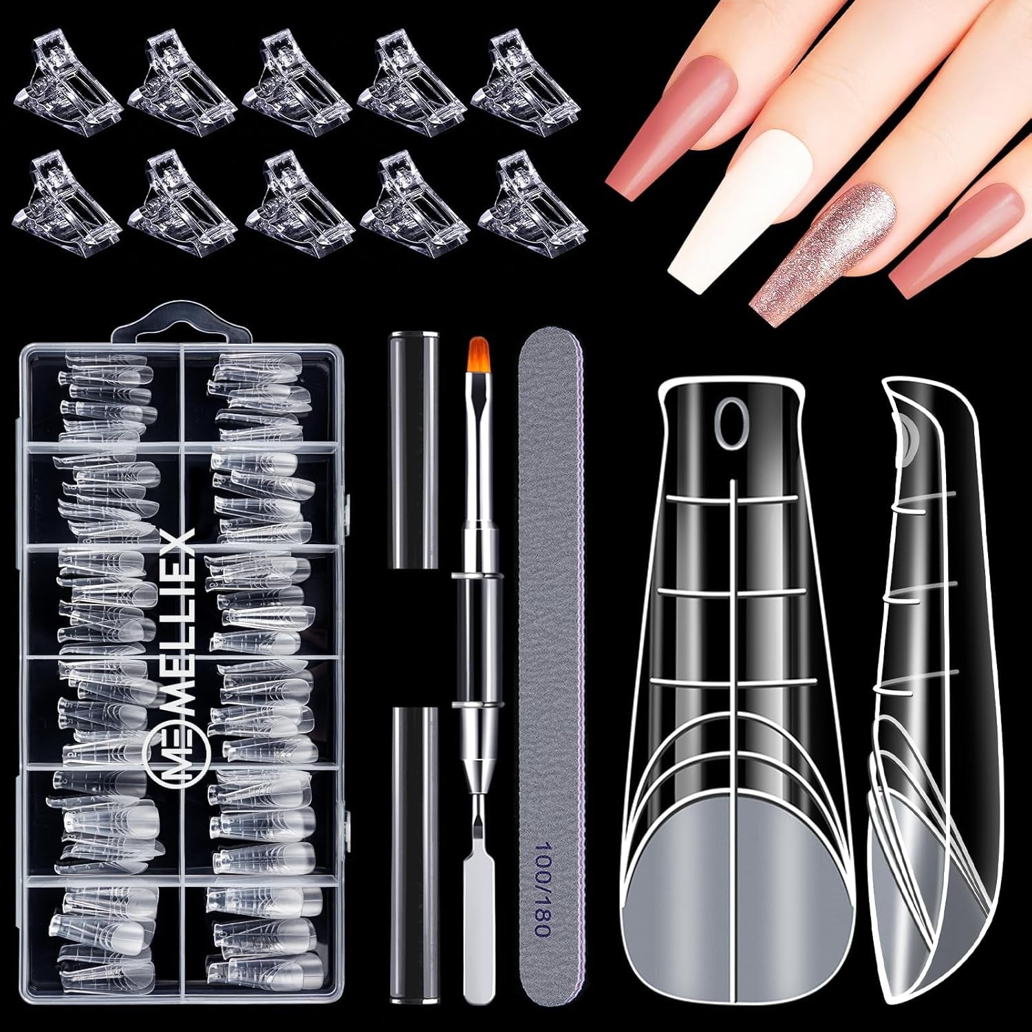 Set de 120 de forme pentru unghii, extensii de unghii, forme cu gel pentru unghii, set de forme pentru unghii cu perie cu două capete și pilă pentru unghii cu cleme, pentru unghii cu gel