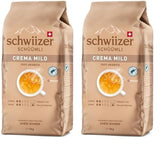 Schwiizer Schüümli Crema Mild, boabe de cafea Arabica 100% premium, fructate și cu aromă de nucă, pentru aparate de cafea complet automate, tărie 2/5, prăjire ușoară, certificat Rainforest Alliance, 1kg (pachet de 2)