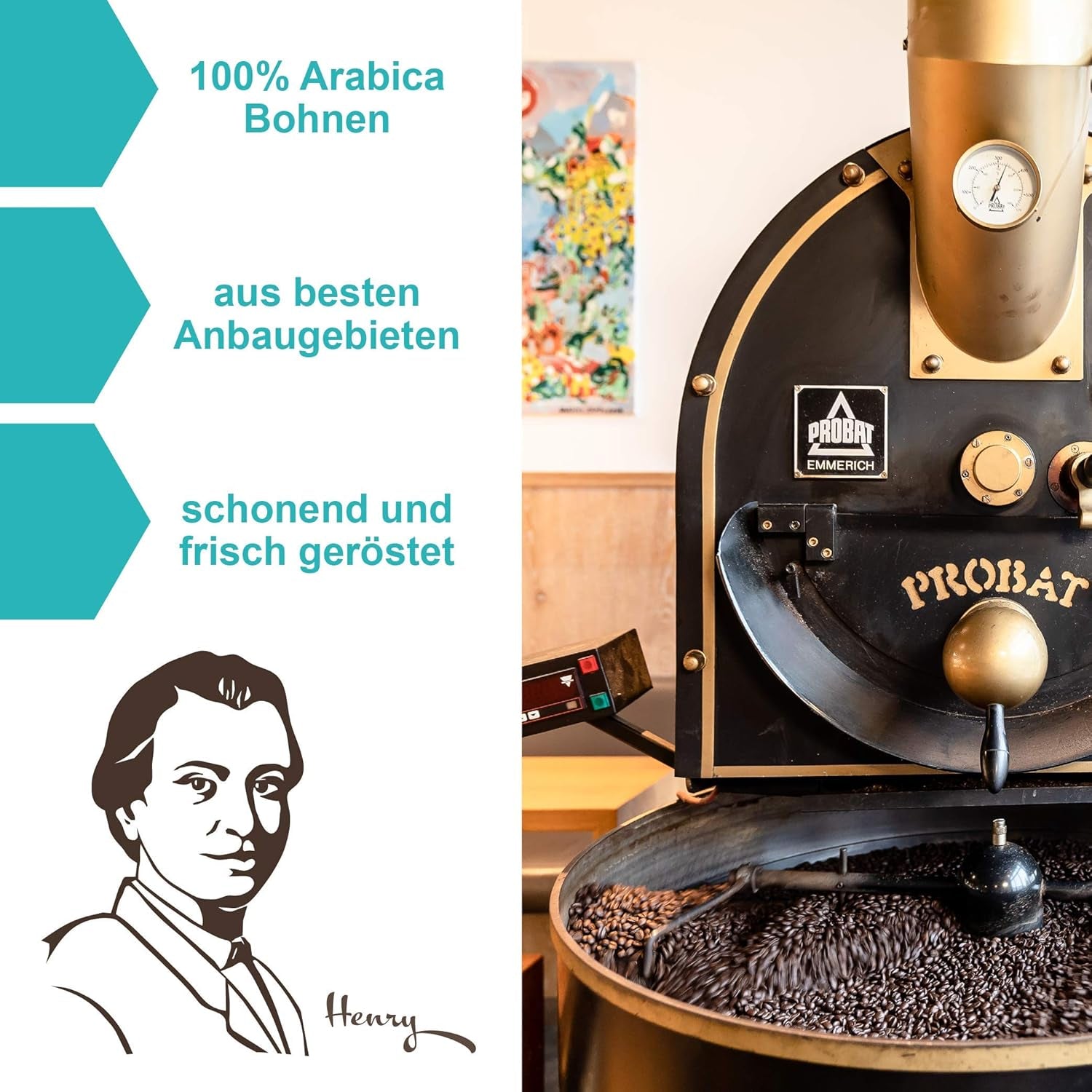 Cafea Henry's Macadamia 1000g - cafeaua noastră gourmet rafinată cu cele mai fine arome - prăjită artizanal - boabe de cafea premium