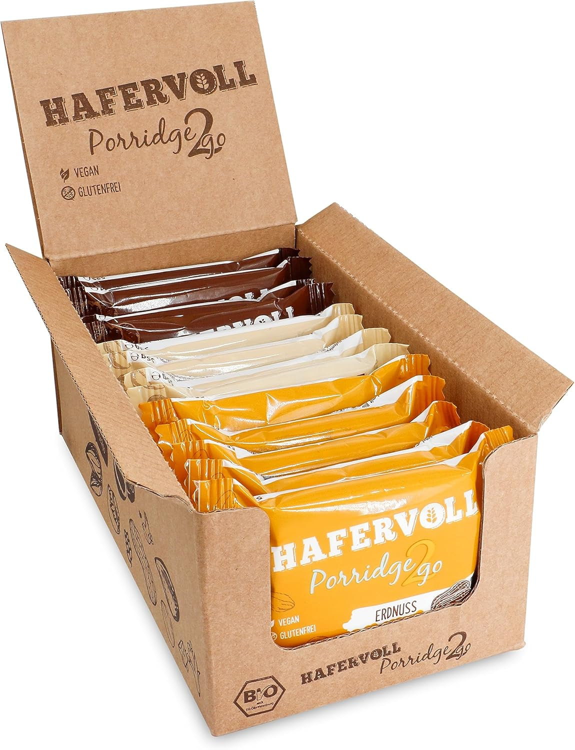 Hafervoll Porridge2go Unt de alune și nuci, 13 batoane x 55g - Vegan, Organic, Fără gluten, Gustare fără zahăr adăugat, cu ovăz, curmale și bomboane de quinoa