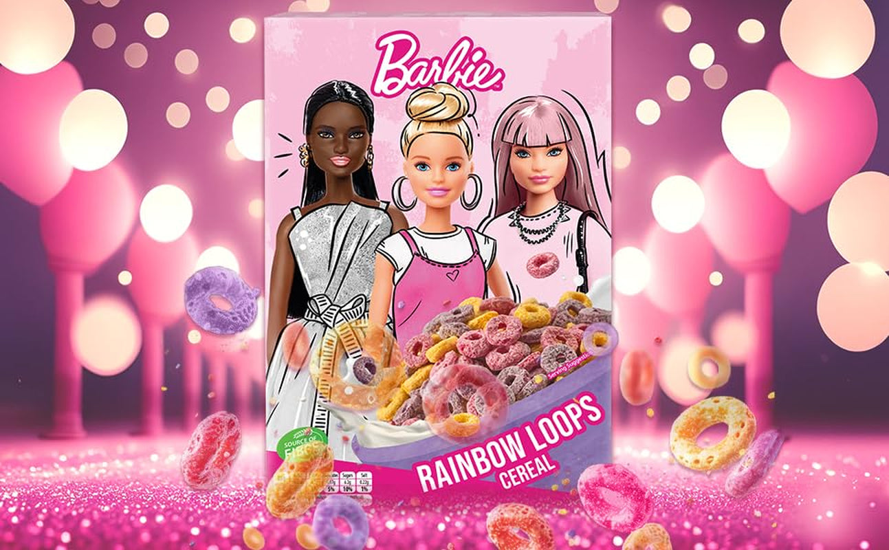 Cereale Barbie Rainbow Loops, inele colorate din grâu, ovăz și porumb cu aromă de fructe pentru micul dejun perfect, 1 pachet (1 x 350g)