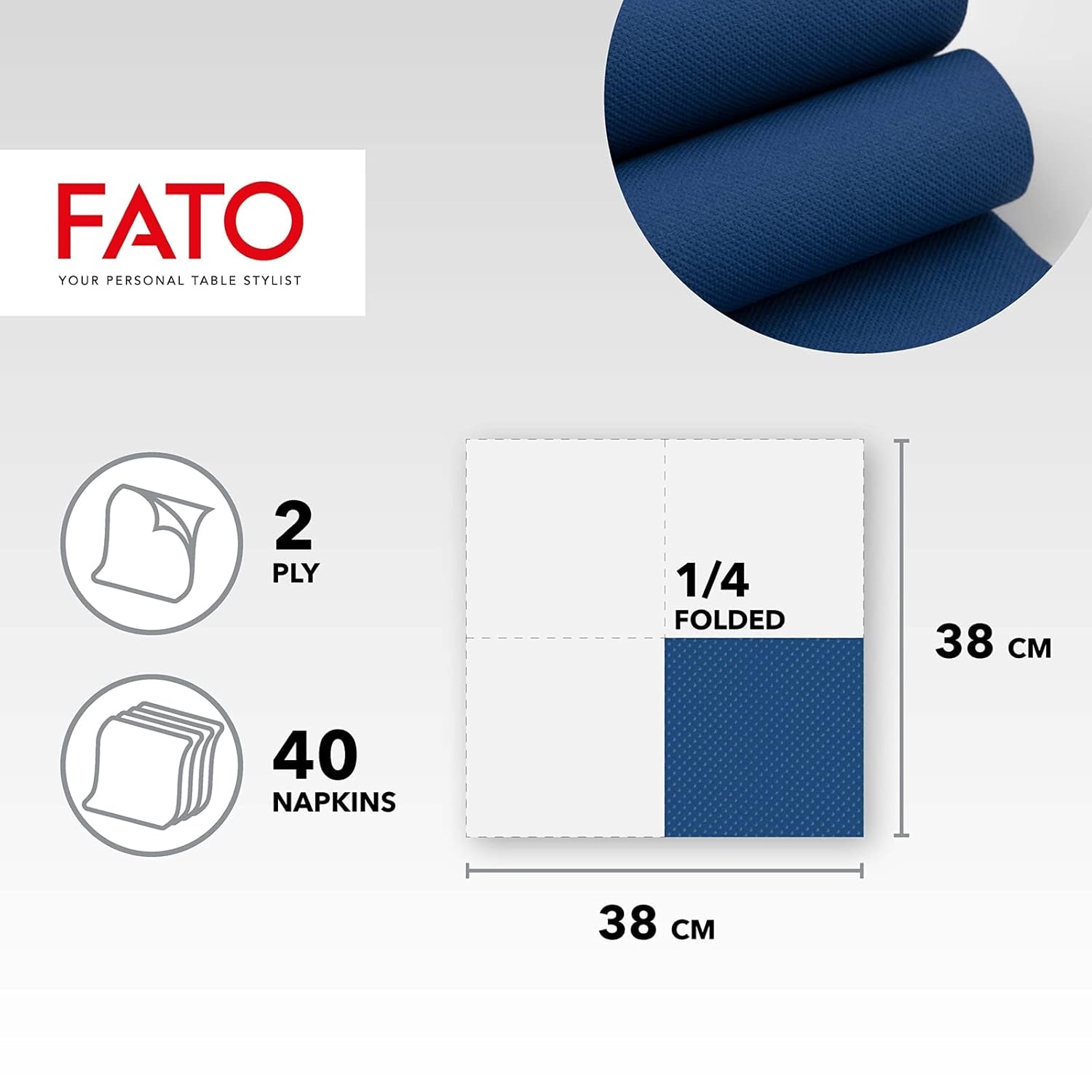 - Șervețele de hârtie de unică folosință, moi și blânde, pachet de 40 de șervețele, dimensiune 38X38 pliate în 4, 2 straturi, culoare albastru noapte, 100% hârtie din celuloză pură, certificate Fsc (pachet de 3)