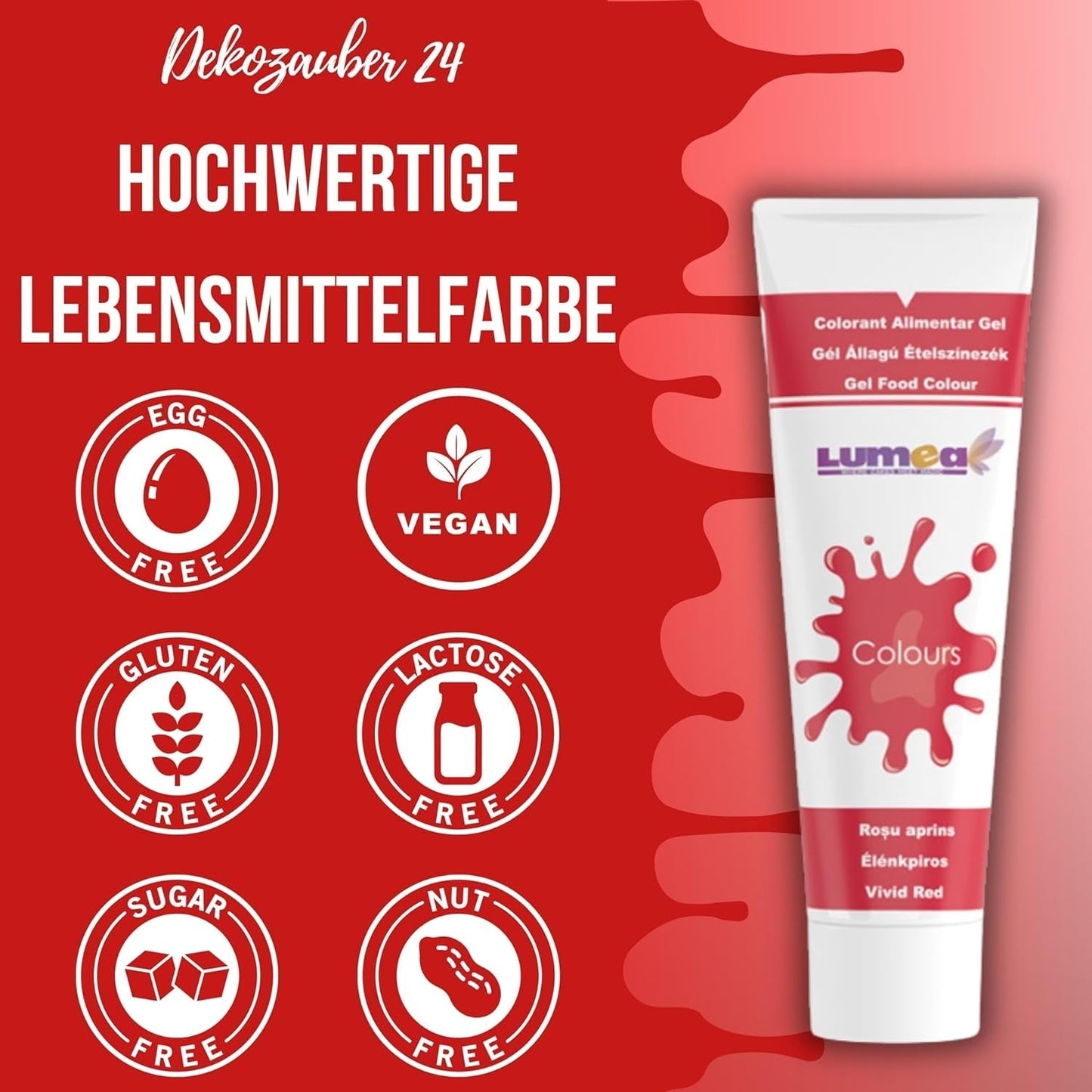 Dekozauber24 Colorant alimentar roșu, gel, 30g, vegan, fără zahăr, foarte concentrat, colorant alimentar roșu pentru fondant, cremă de unt, băuturi și multe altele