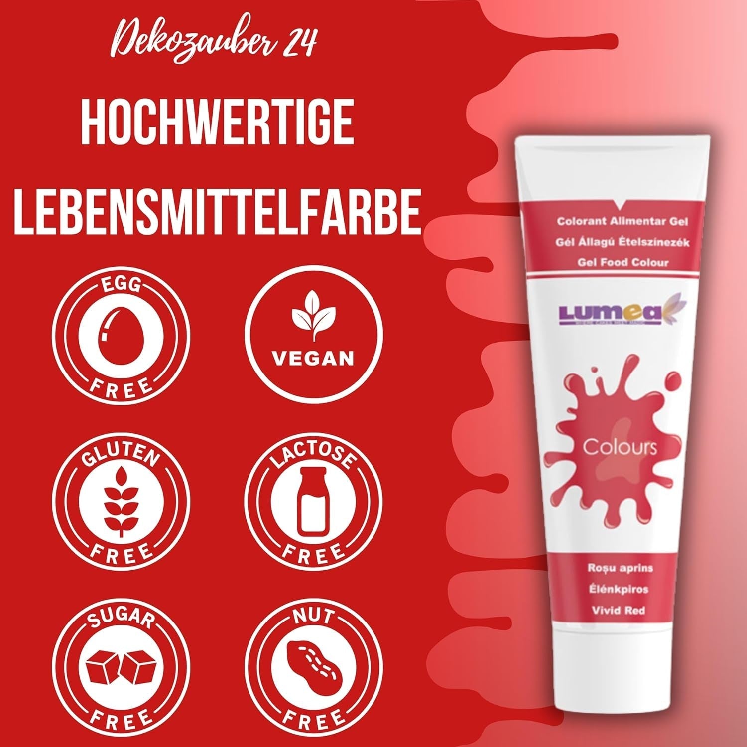 Dekozauber24 Colorant alimentar roșu, gel, 30g, vegan, fără zahăr, foarte concentrat, colorant alimentar roșu pentru fondant, cremă de unt, băuturi și multe altele