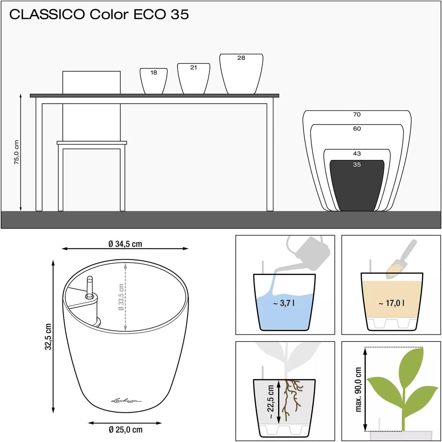 Ghiveci LECHUZA Classico Color ECO 35 Gri Deschis cu Sistem de Udare și Indicator al Nivelului de Apă | Fabricat din Plastic 100% Reciclat | Finisaj Mat | Ø 34,5 x 32,5 cm | 18930