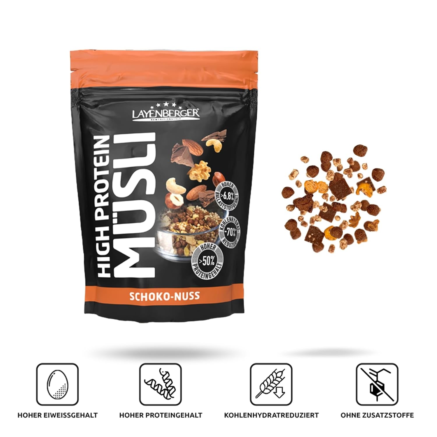 Layenberger 3K High Protein Müsli, 50% Eiweiß Und 18% Kohlenhydrate - Single Pack (1X 390 G) - Schoko-Nuss Cereale Naty Shop