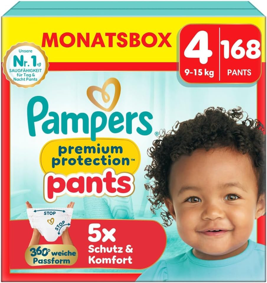 Scutece Pampers Premium Protection Pants mărimea 7, 123 scutece, 15 kg+, cu ajustare la 360° și manșete moi anti-scurgere pentru confort și protecție optime