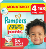 Scutece Pampers Premium Protection Pants mărimea 7, 123 scutece, 15 kg+, cu ajustare la 360° și manșete moi anti-scurgere pentru confort și protecție optime