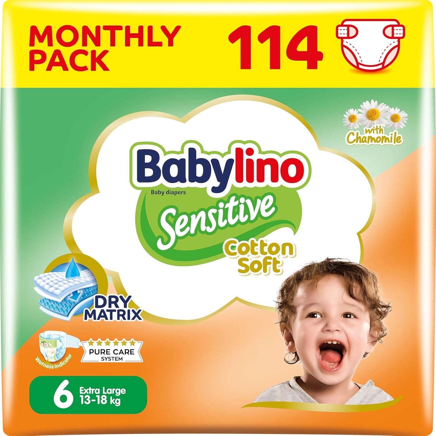 Scutece pentru bebeluși sensibili, mărimea 6, extra mari (13-18 kg), 114 scutece