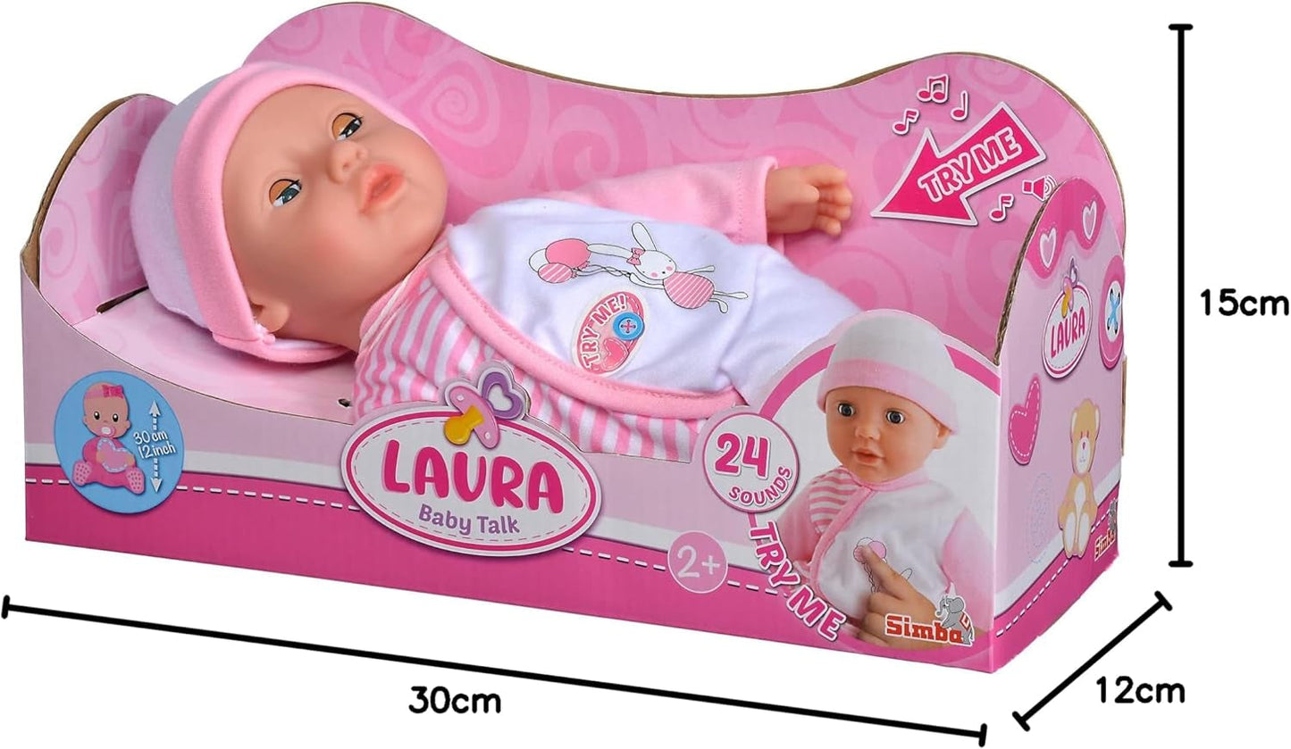 Simba 105140020 - My Love Baby Talk, păpușă cu corp moale și ochi adormiți într-o salopă drăguță, scoate 24 de sunete de bebeluș, 30 cm, păpușă pentru copii de la 2 ani