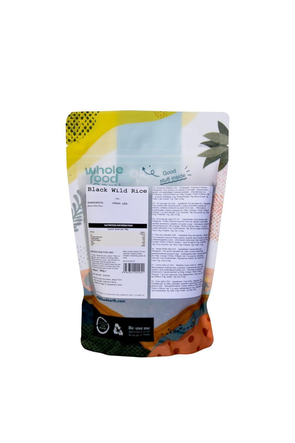 Orez sălbatic negru Wholefood Earth SUA - fără OMG - natural - vegan - fără lactate - fără zahăr adăugat, 500 g