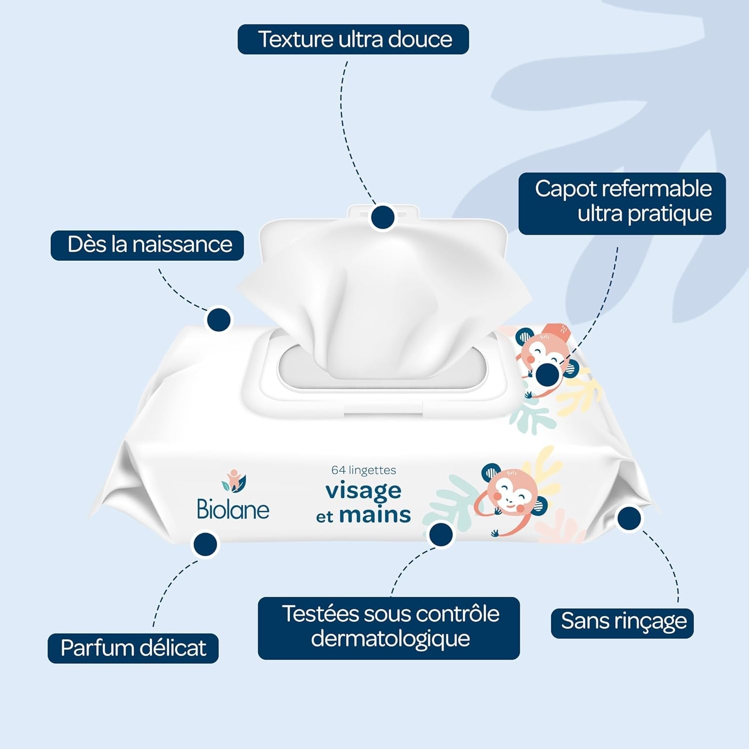 BIOLANE - Șervețele umede pentru bebeluși pentru față și mâini – Pachete de 6 – 384 șervețele (6 x 64 cm) – Curăță și protejează – Toaletă – Hipoalergenice – Pentru piele sensibilă – Ingrediente 97% naturale – Fabricate