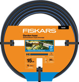 Furtun de grădină Fiskars S, Solid, Furtun de apă pentru udare manuală, 13 mm (1/2"), Lungime: 15 m, Racord universal, Protecție UV, Protecție la îngheț, Rezistent la răsucire, Albastru, 1076049