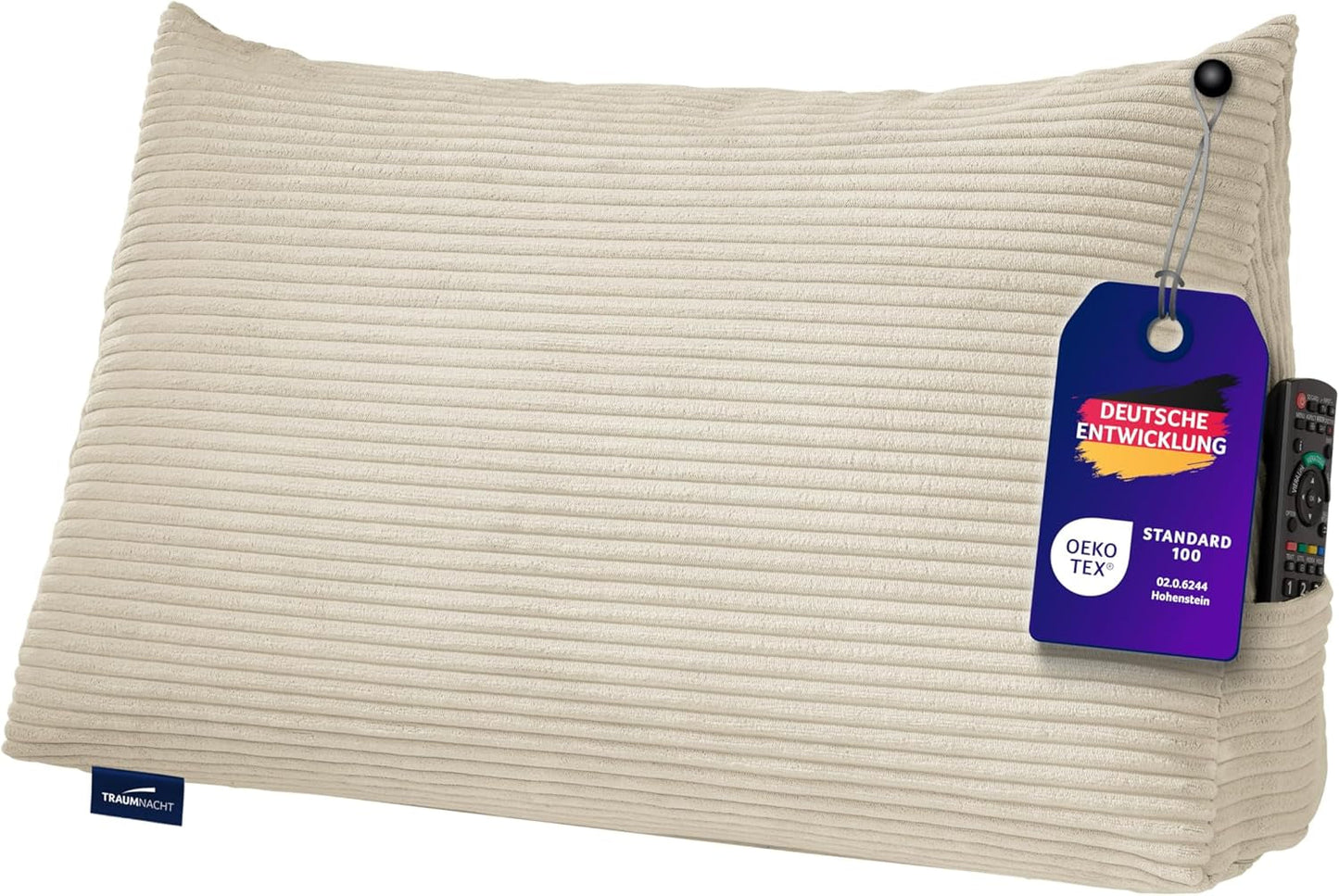 Pernă confortabilă Traumnacht Cozy Back, pernă de citit, 70 x 40 cm bej, husă detașabilă și lavabilă din 100% poliester, buzunar lateral practic, certificată Oeko-Tex, produsă conform standardelor germane de calitate