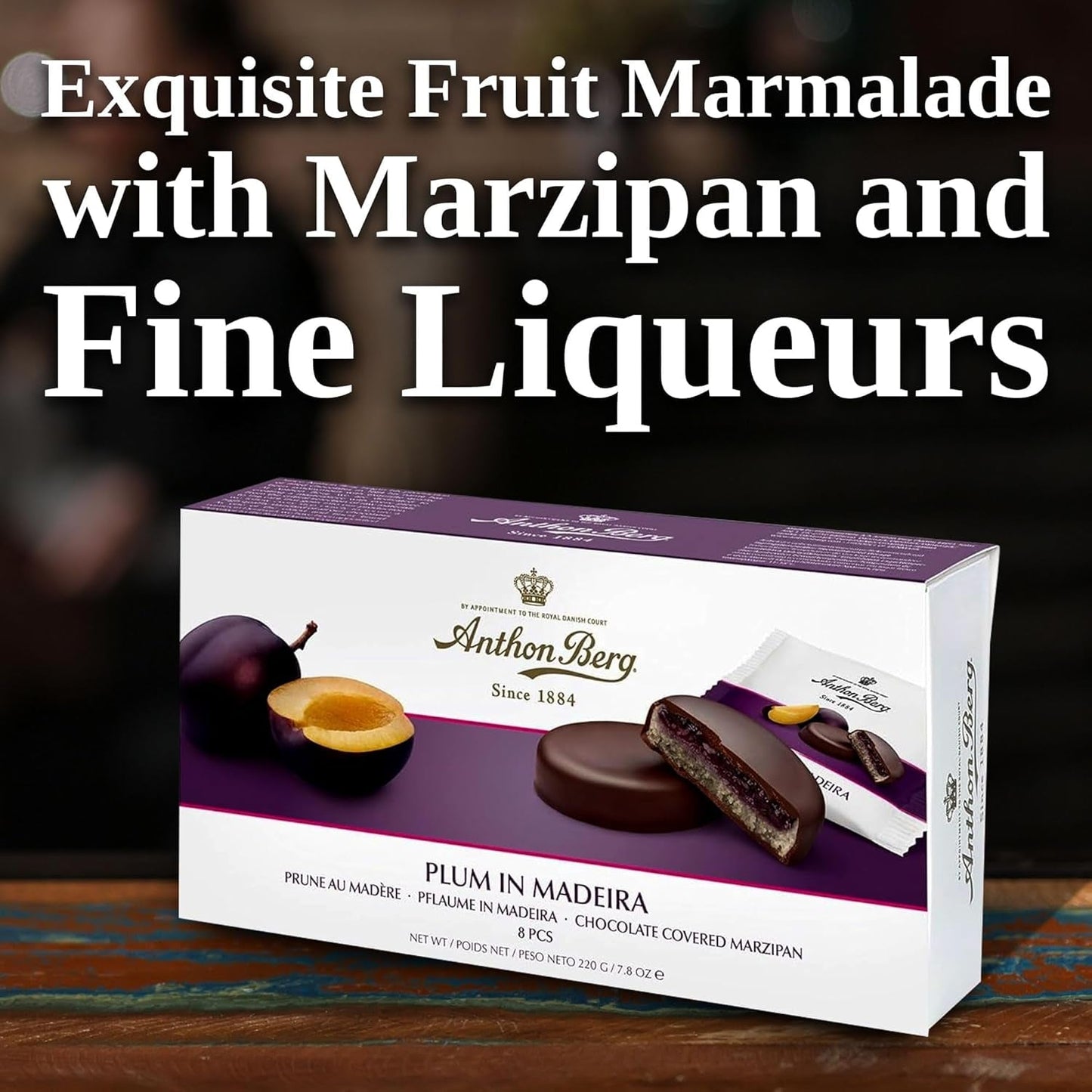 Prună în Madeira – 220 g – Specialitate de marțipan cu fructe și alcool – 8 monede de ciocolată neagră cu jeleu de prune și vin de Madeira – Idee de cadou