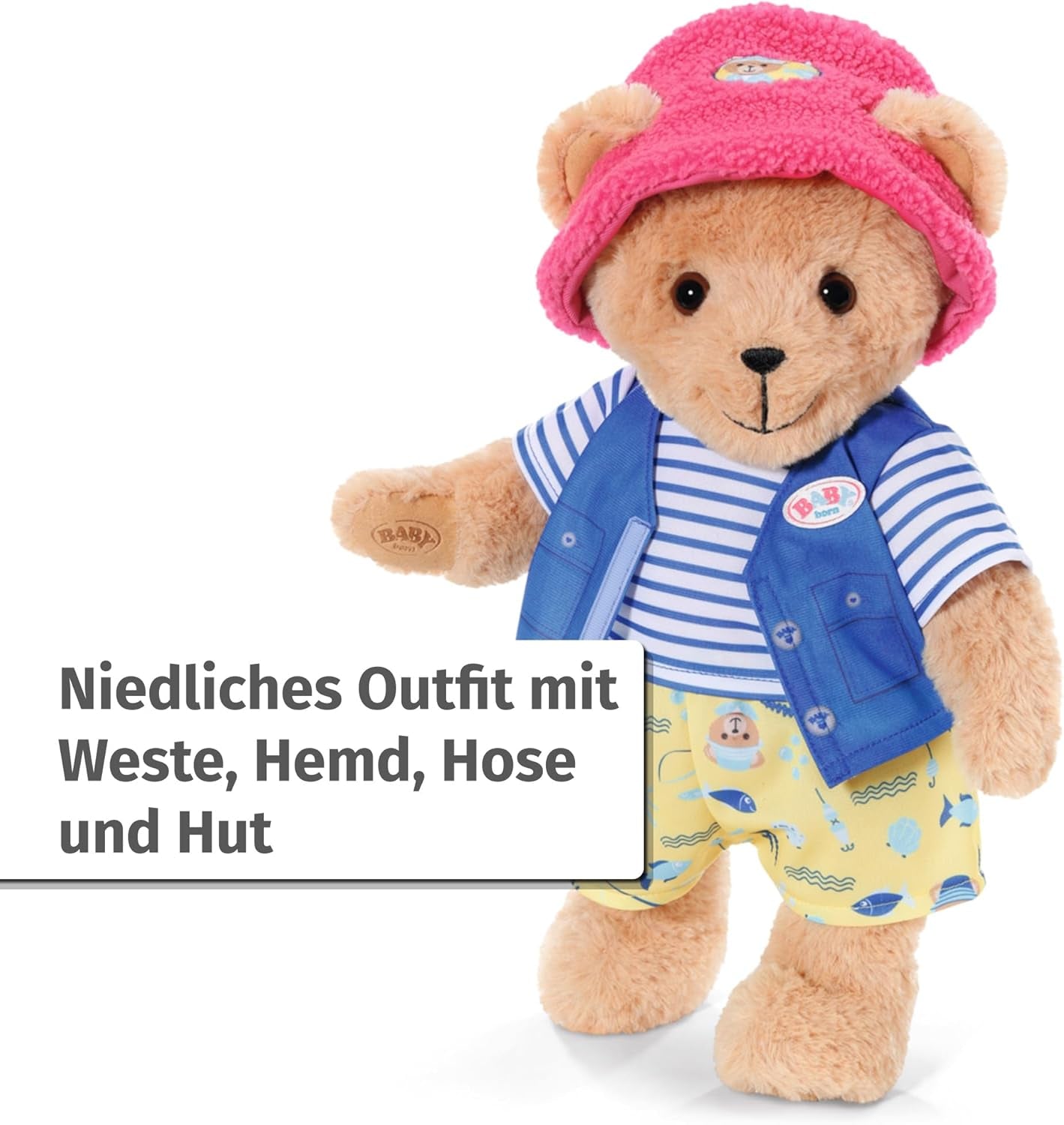 Costum Baby Born Teddy Angler cu undiță pentru păpuși de 43 cm și ursuleț de pluș, 835982 Zapf Creation