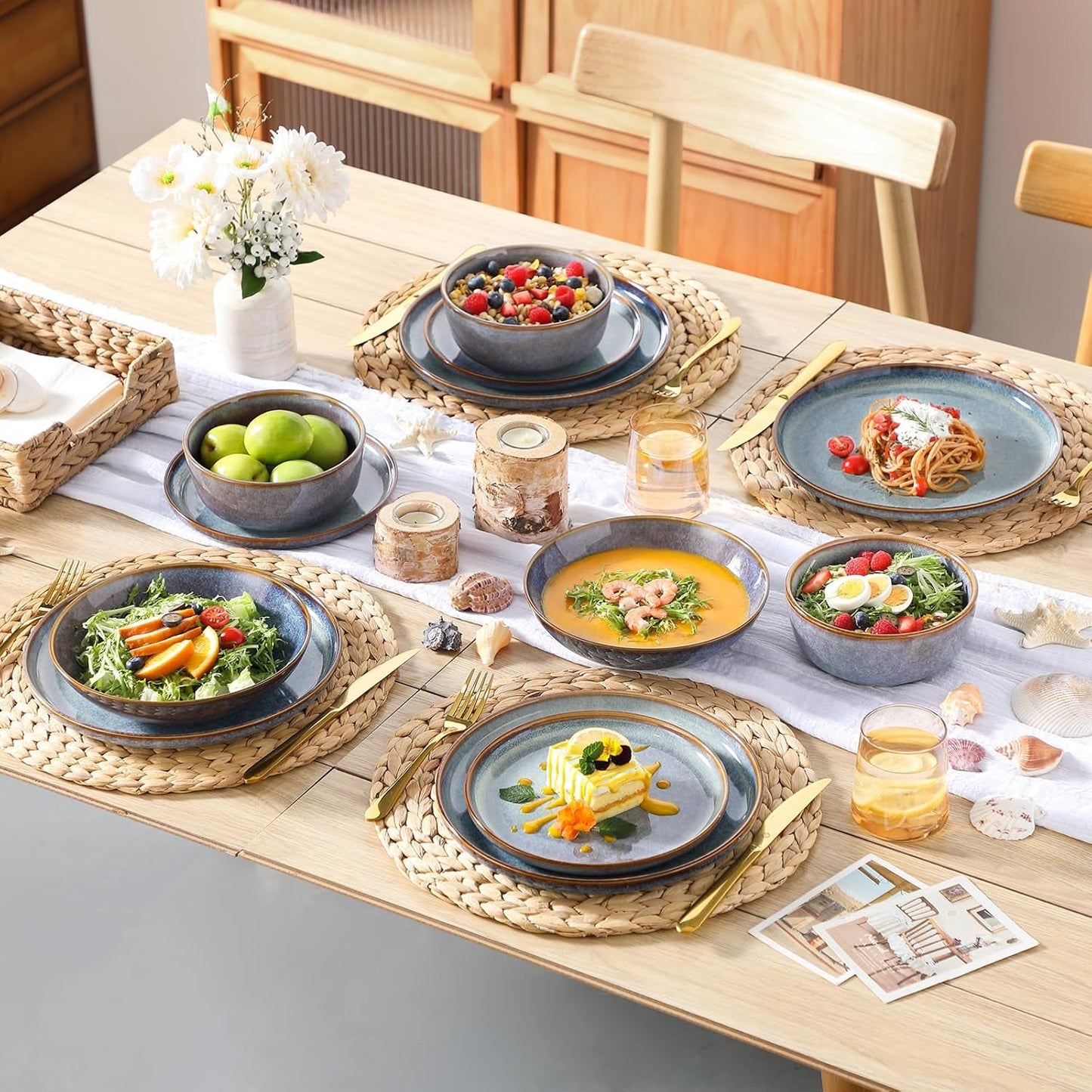 Geschirrset 6 Personen, vancasso PLAYA 24tlg Reaktive Glasur Steingut Tafelservice 6 Personen Modern, Beinhaltet Schüssel, Suppenteller, Dessertteller, Speiseteller, Spülmaschinenfest, Lavendelblau