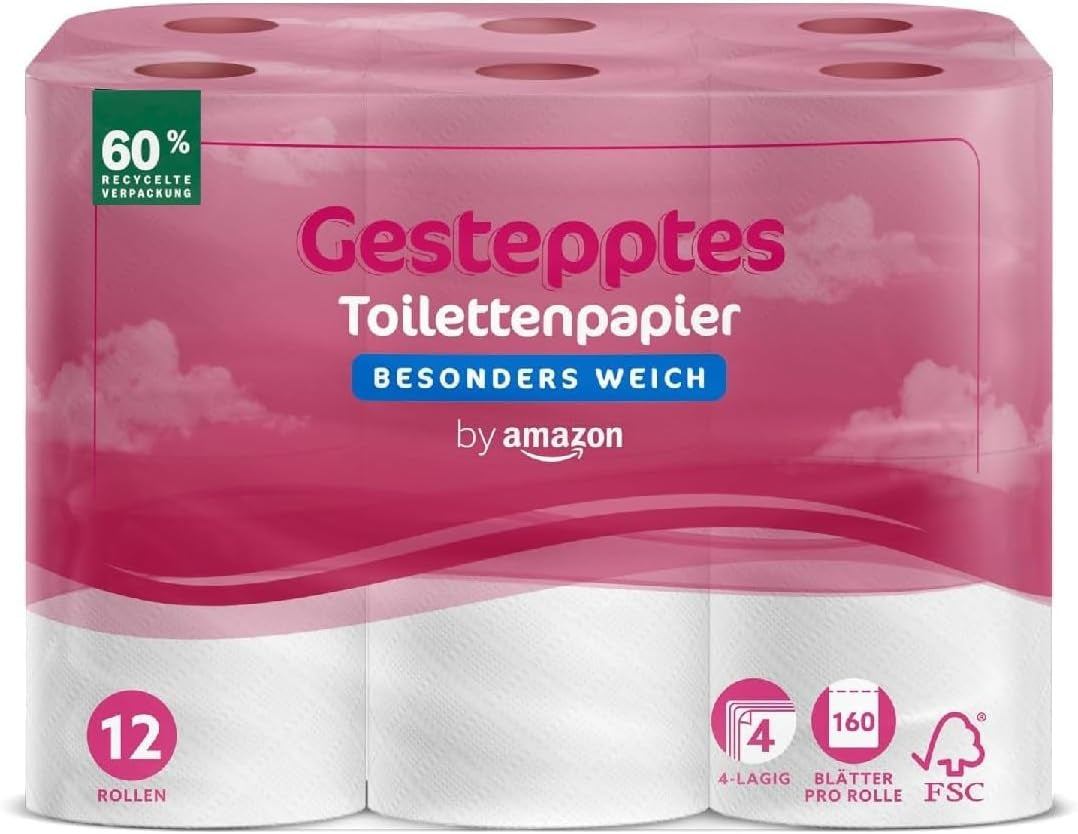 By Amazon Hârtie igienică, 4 straturi matlasate, extra moale, 48 de role (12 role, pachet de 4), 160 de foi pe rolă, certificată Fsc