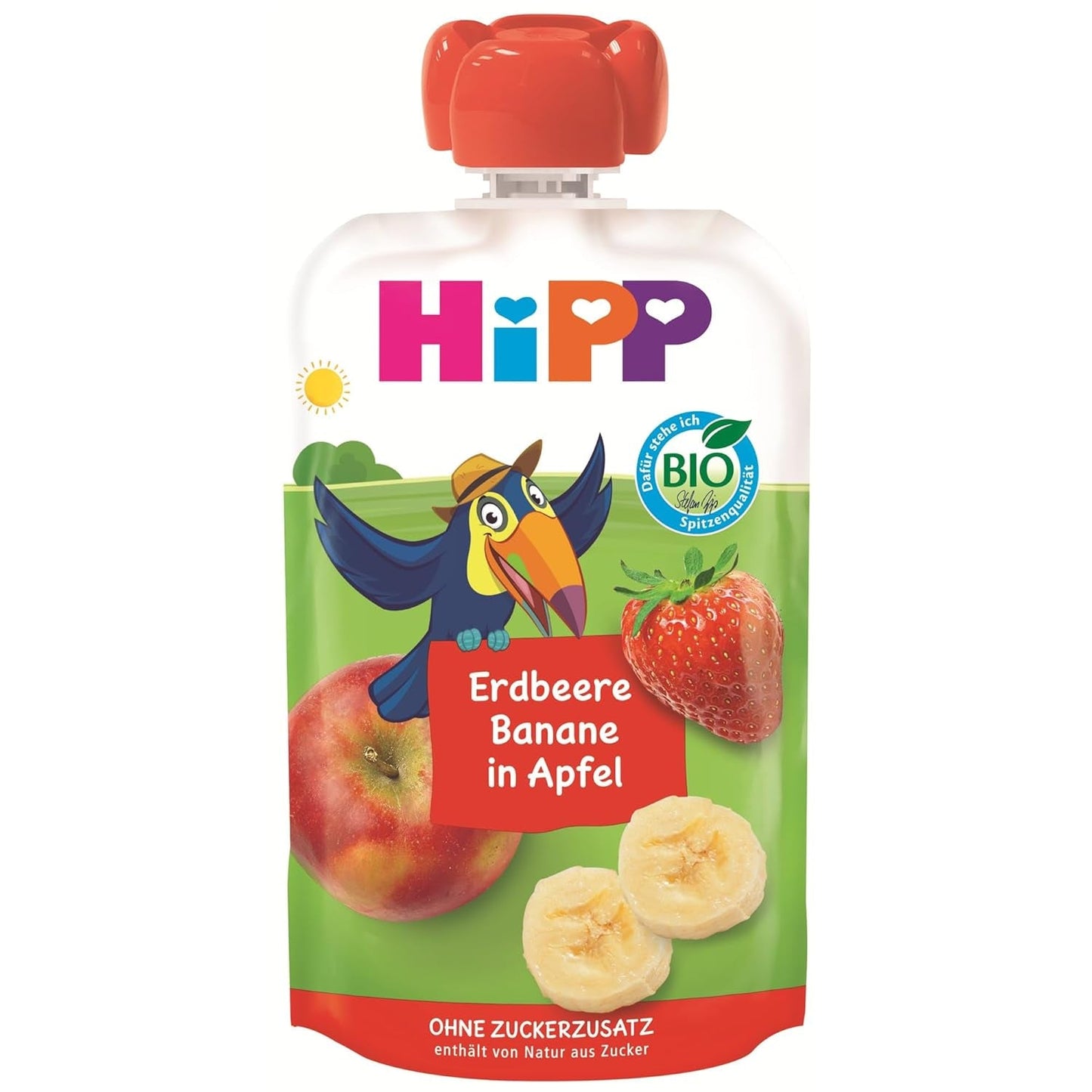 Pungă de fructe stoarcabilă HiPP Organic cu căpșuni și banane în culoarea mărului - Theo Tukan (8 x 100g), de la 1 an, piure de fructe 100%, fără zahăr adăugat, vegan, de cea mai bună calitate organică