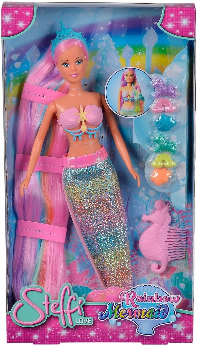 Simba 105733610 - Steffi Love Sirena Curcubeu, păpușă de modă sub formă de sirenă curcubeu cu păr colorat, agrafe de păr, pieptene și aripioară detașabilă, păpușă de joacă 29 cm, de la 3 ani