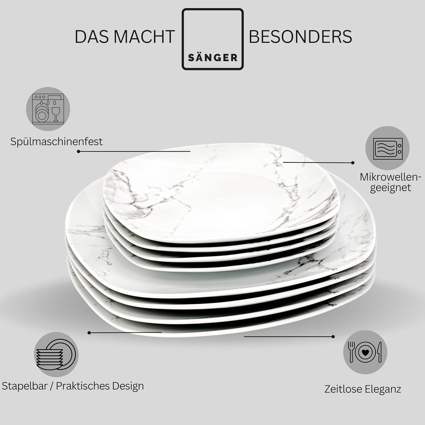 SÄNGER | Set de veselă combinat Bilgola din marmură, set de veselă cu 36 de piese pentru 6 persoane, cu farfurii de cină, farfurii de desert, farfurii de sumă, boluri pentru cereale, farfurii de cafea și farfurioare din porțelan, pătrat | COLECȚIA PREMIUM