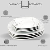 SÄNGER | Set de veselă combinat Bilgola din marmură, set de veselă cu 36 de piese pentru 6 persoane, cu farfurii de cină, farfurii de desert, farfurii de sumă, boluri pentru cereale, farfurii de cafea și farfurioare din porțelan, pătrat | COLECȚIA PREMIUM