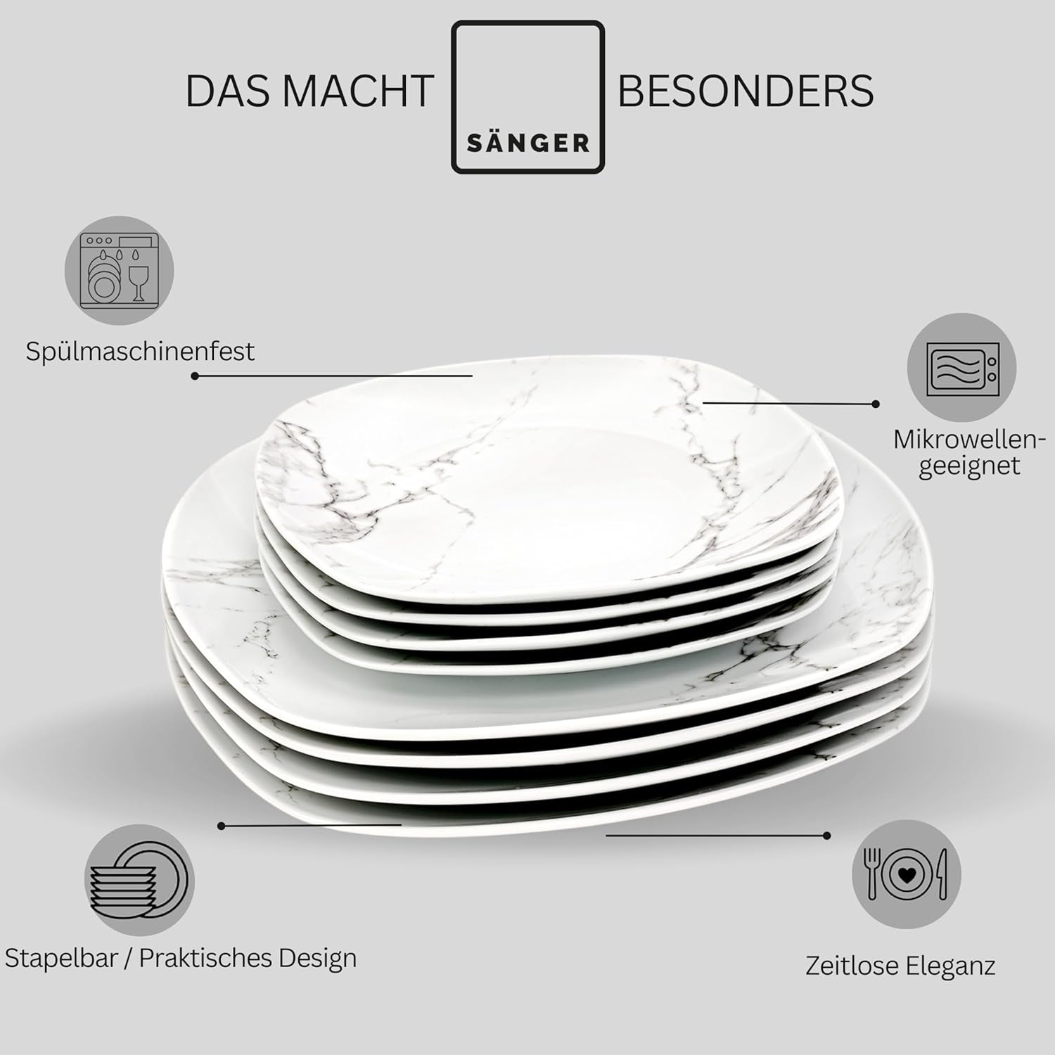 SÄNGER | Set de veselă combinat Bilgola din marmură, set de veselă cu 36 de piese pentru 6 persoane, cu farfurii de cină, farfurii de desert, farfurii de sumă, boluri pentru cereale, farfurii de cafea și farfurioare din porțelan, pătrat | COLECȚIA PREMIUM
