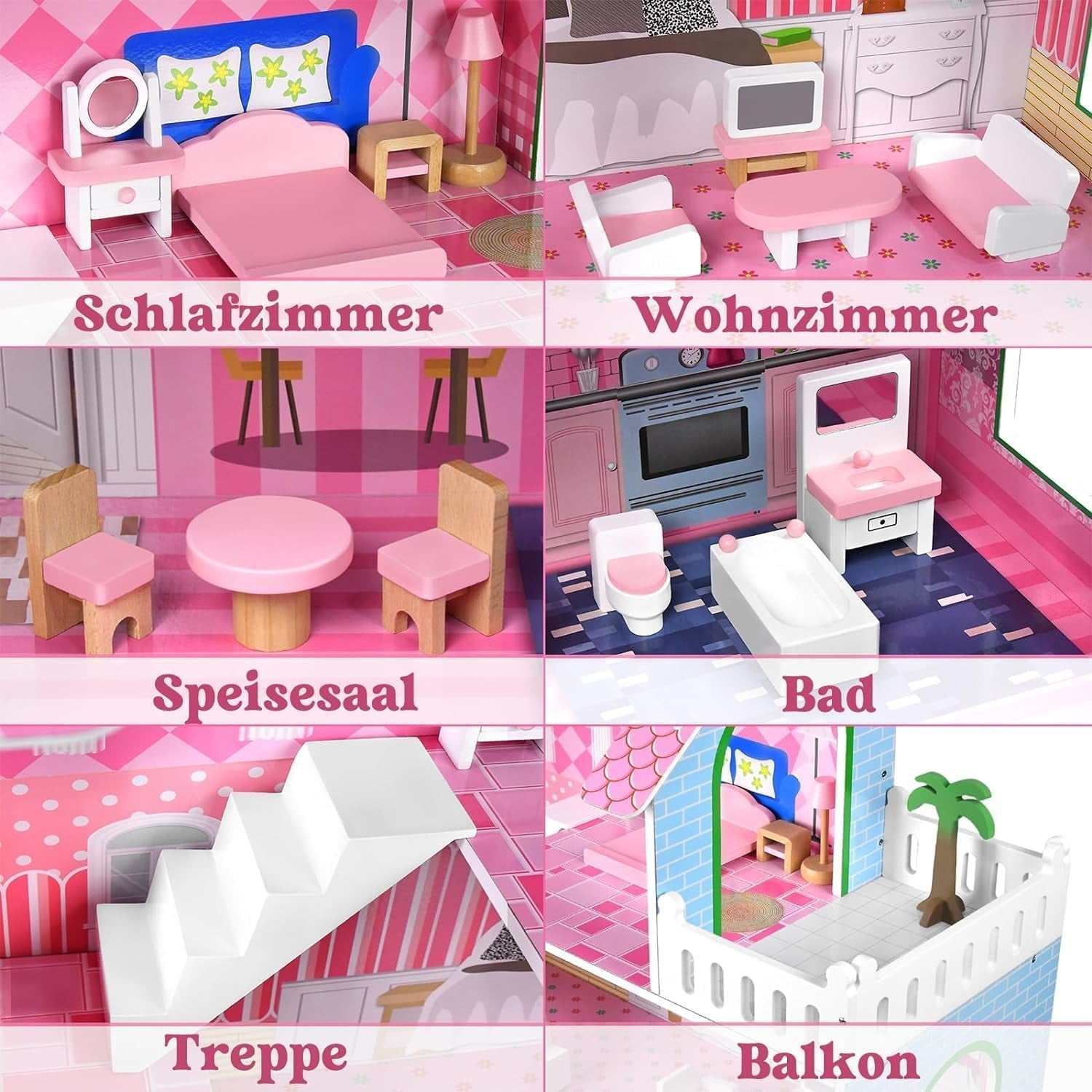 HENGMEI Puppenhaus Kinder Holz Puppenvilla Dollhouse Set Mädchen Spielset 3 Etagen Haus mit Möbeln und Zubehör, 70x30x100cm Puppenhäuser für Kinder (Typ B)