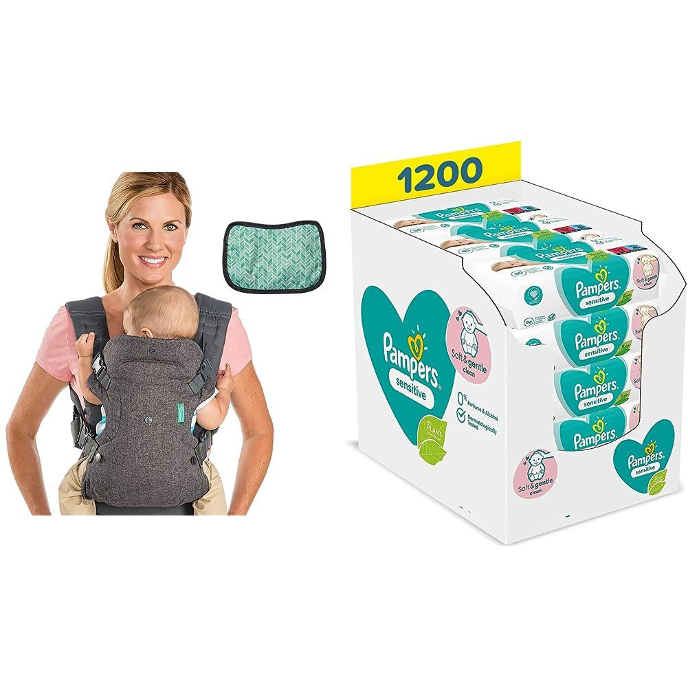 Marsupiu bebeluși Flip Advanced 4 în 1 cu bavetă și șervețele umede Pampers Sensitive, 1200 de șervețele (15 x 80) pentru pielea sensibilă a bebelușilor, testat dermatologic, articole esențiale pentru nou-născuți