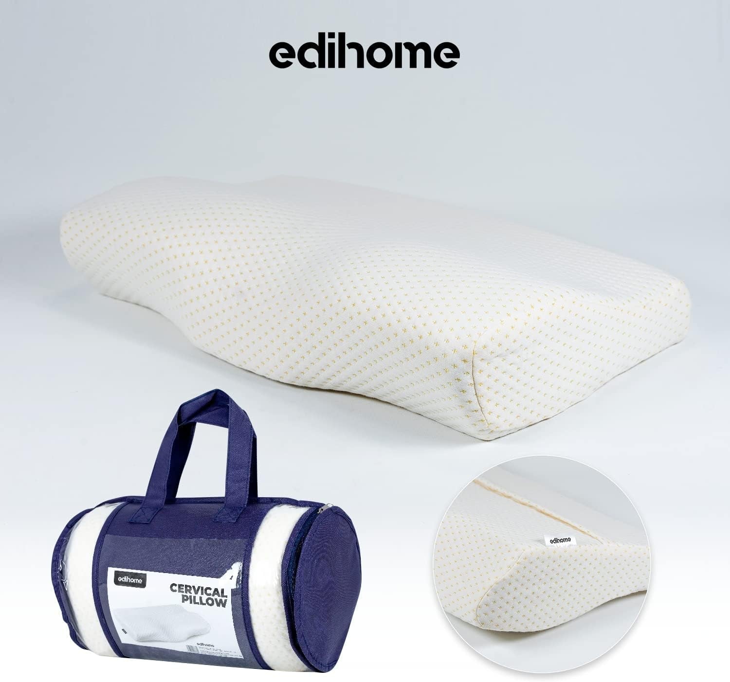 Edihome, Pernă de susținere a gâtului, Pernă pentru ameliorarea durerilor de gât, 50 x 30 x 10 cm, Pernă de gât din spumă cu memorie, Pernă ortopedică, Ergonomică, cu husă dublă din bumbac, Hipoalergenică