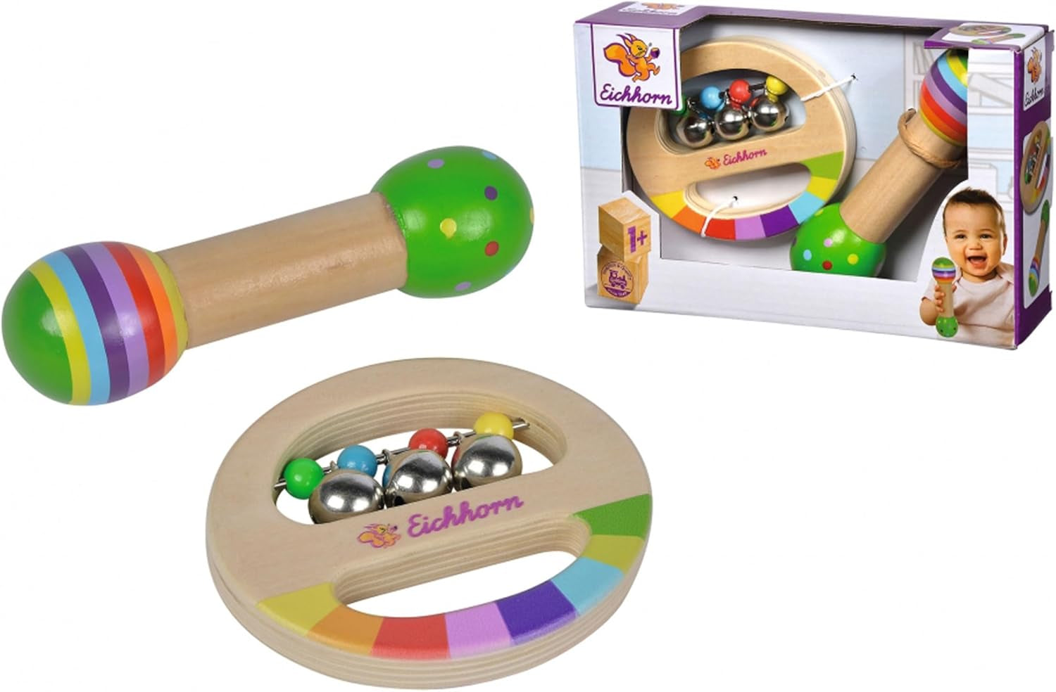 Eichhorn - set muzical din 2 piese, include jucărie de prins cu clopoței și băț cu sunet, instrumente muzicale colorate din lemn, de la 1 an Jucarii Bebe Naty Shop Titlu implicit