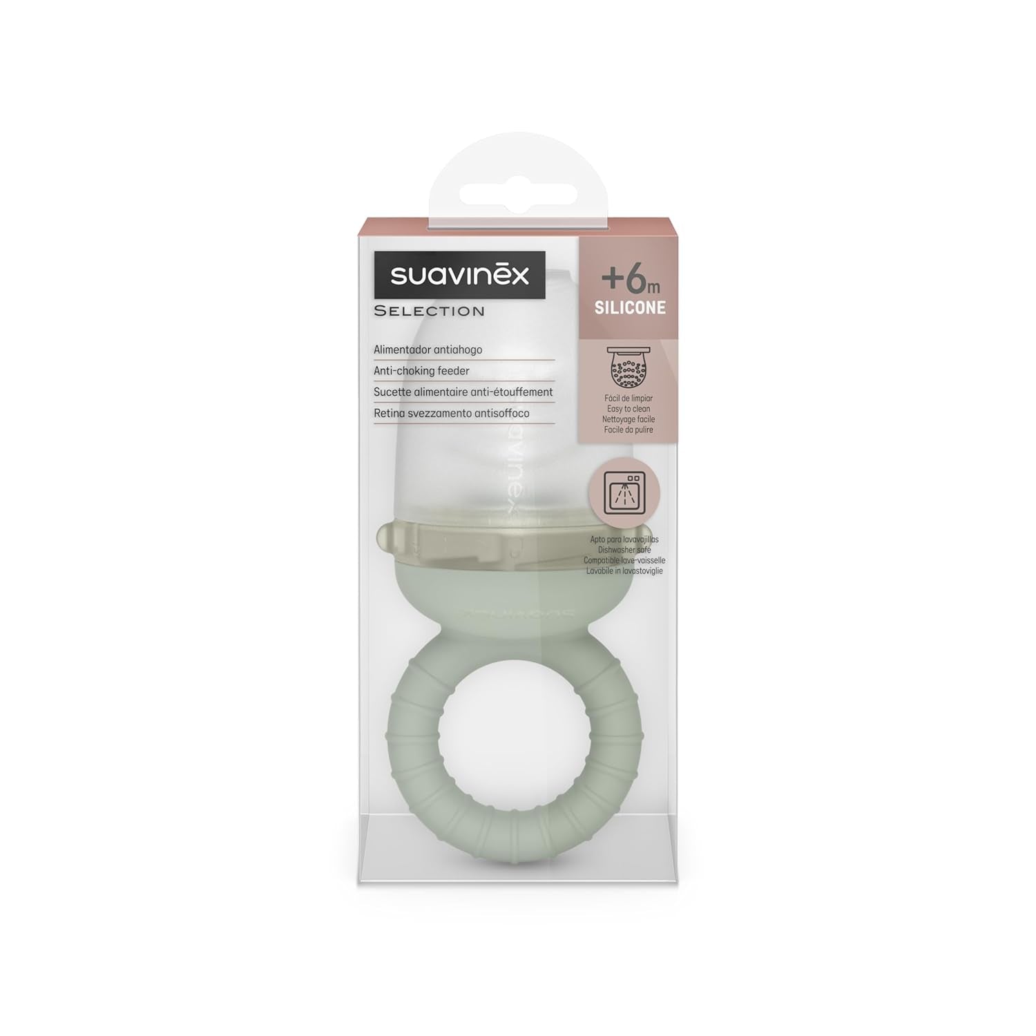 Ronțăitorul Suavinex pentru bebeluși, protecție anti-sufocare, calitate alimentară, silicon, cu capac, ușor de curățat, potrivit pentru mașina de spălat vase și congelator, calmează gingiile, de la 6 luni, verde